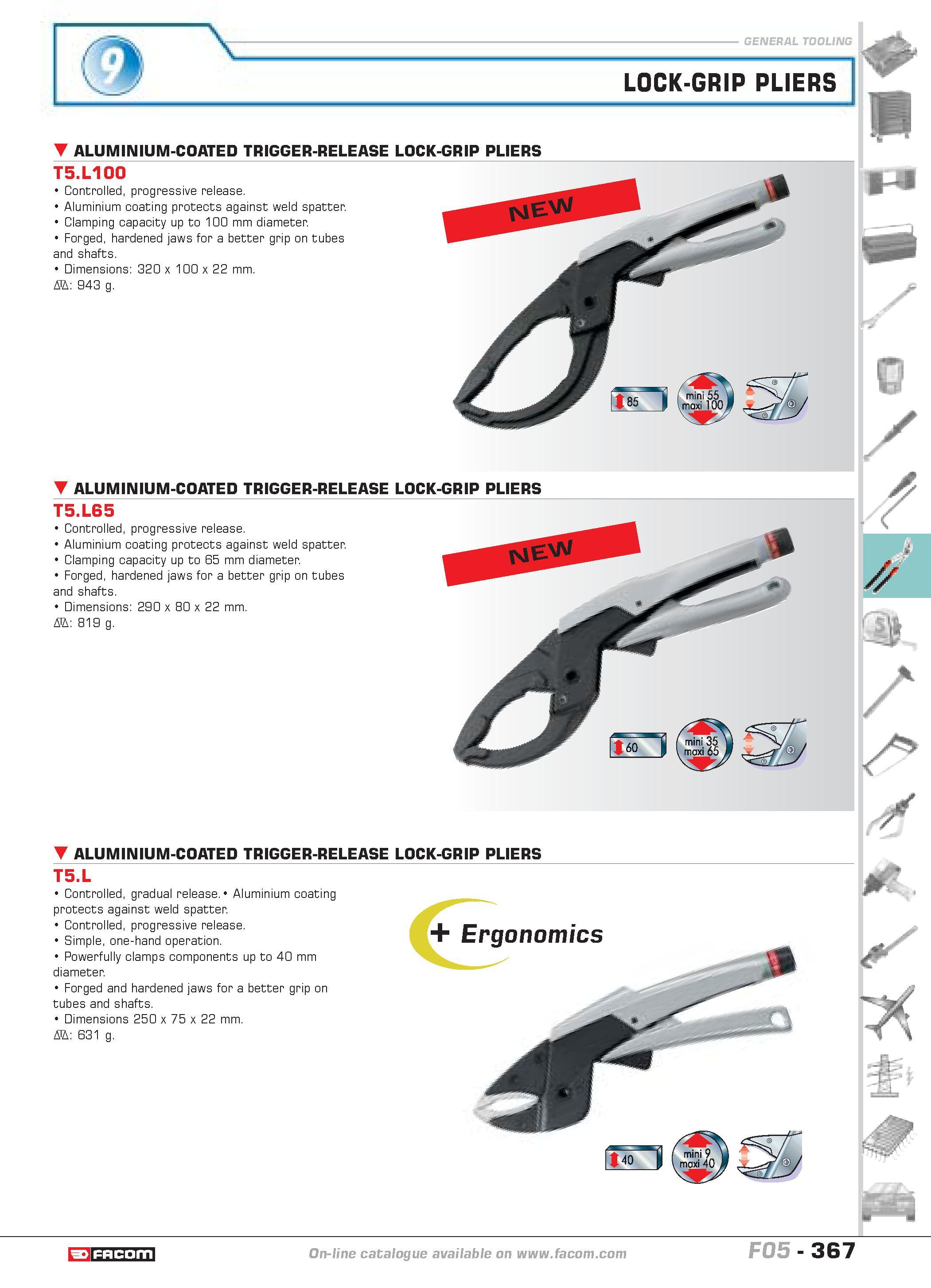 364 LOCK-GRIP PLIERS ALUMINIUM-COATED TRIGGER-RELEASE LOCK-GRIP PLIERS T5 L100 Controlled progressive release Aluminium coating protects against weld Каталог FACOM 2005 Профессиональный ручной инструмент и специальное оборудование для предприятий и мастерских Стр. 367 ENG
