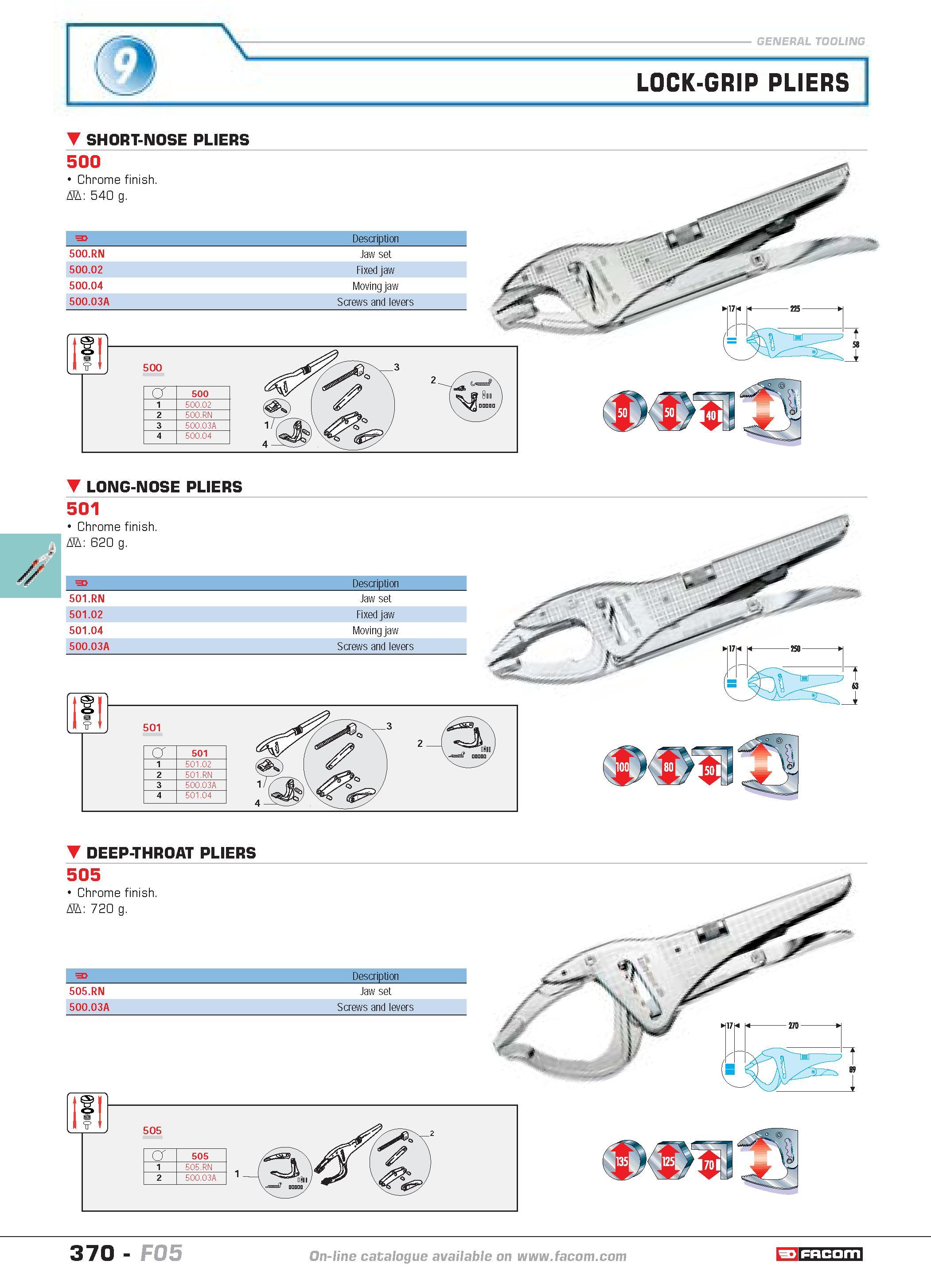 367 LOCK-GRIP PLIERS SHORT-NOSE PLIERS 500 Chrome finish D 540 g F Description 500 RN Jaw set 500 02 Fixed jaw 500 04 Moving jaw 500 03A Screws and l Каталог FACOM 2005 Профессиональный ручной инструмент и специальное оборудование для предприятий и мастерских Стр. 370 ENG