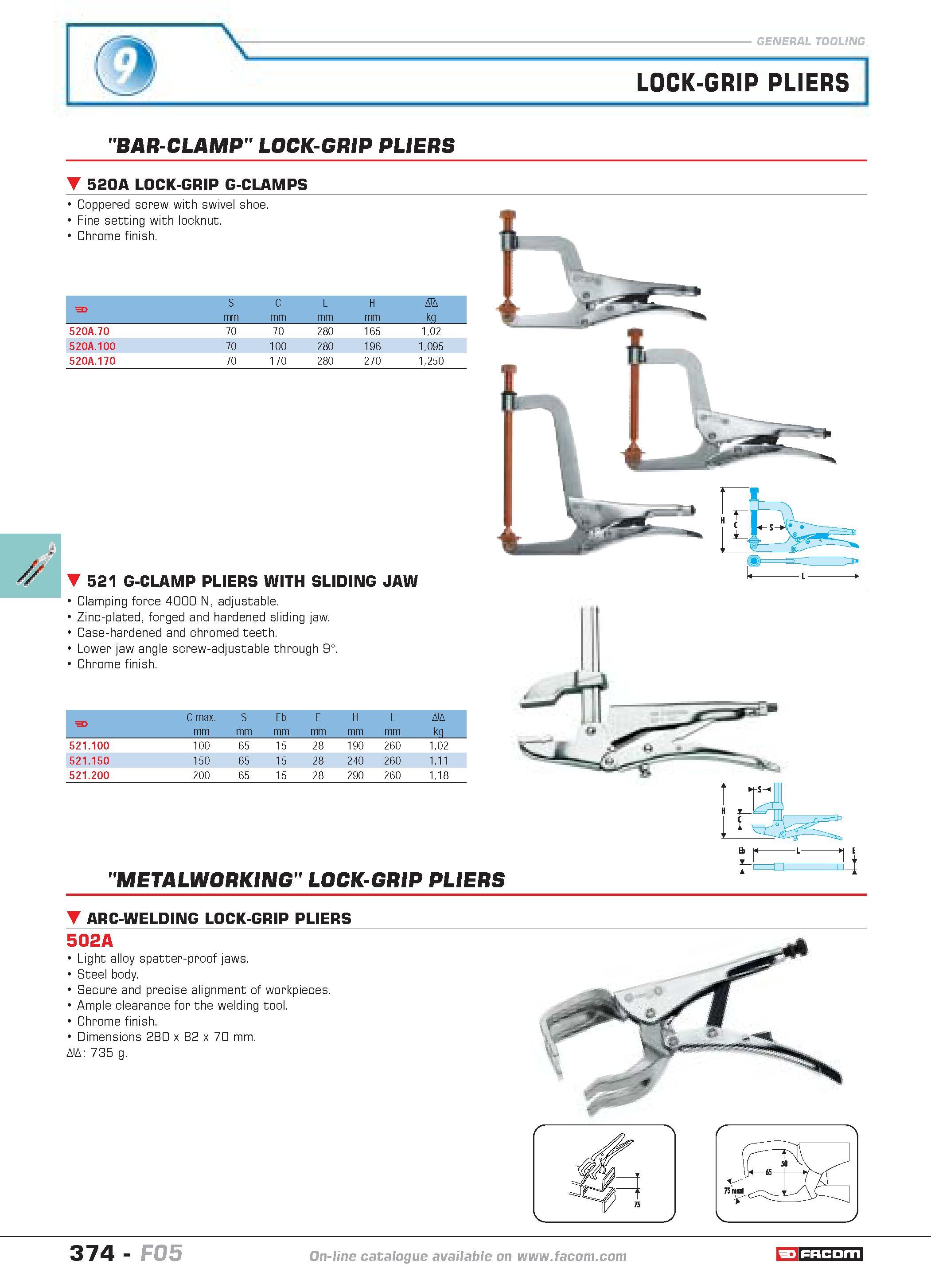 371 LOCK-GRIP PLIERS BAR-CLAMP LOCK-GRIP PLIERS 520A LOCK-GRIP G-CLAMPS Coppered screw with swivel shoe Fine setting with locknut Chrome finish F S m Каталог FACOM 2005 Профессиональный ручной инструмент и специальное оборудование для предприятий и мастерских Стр. 374 ENG