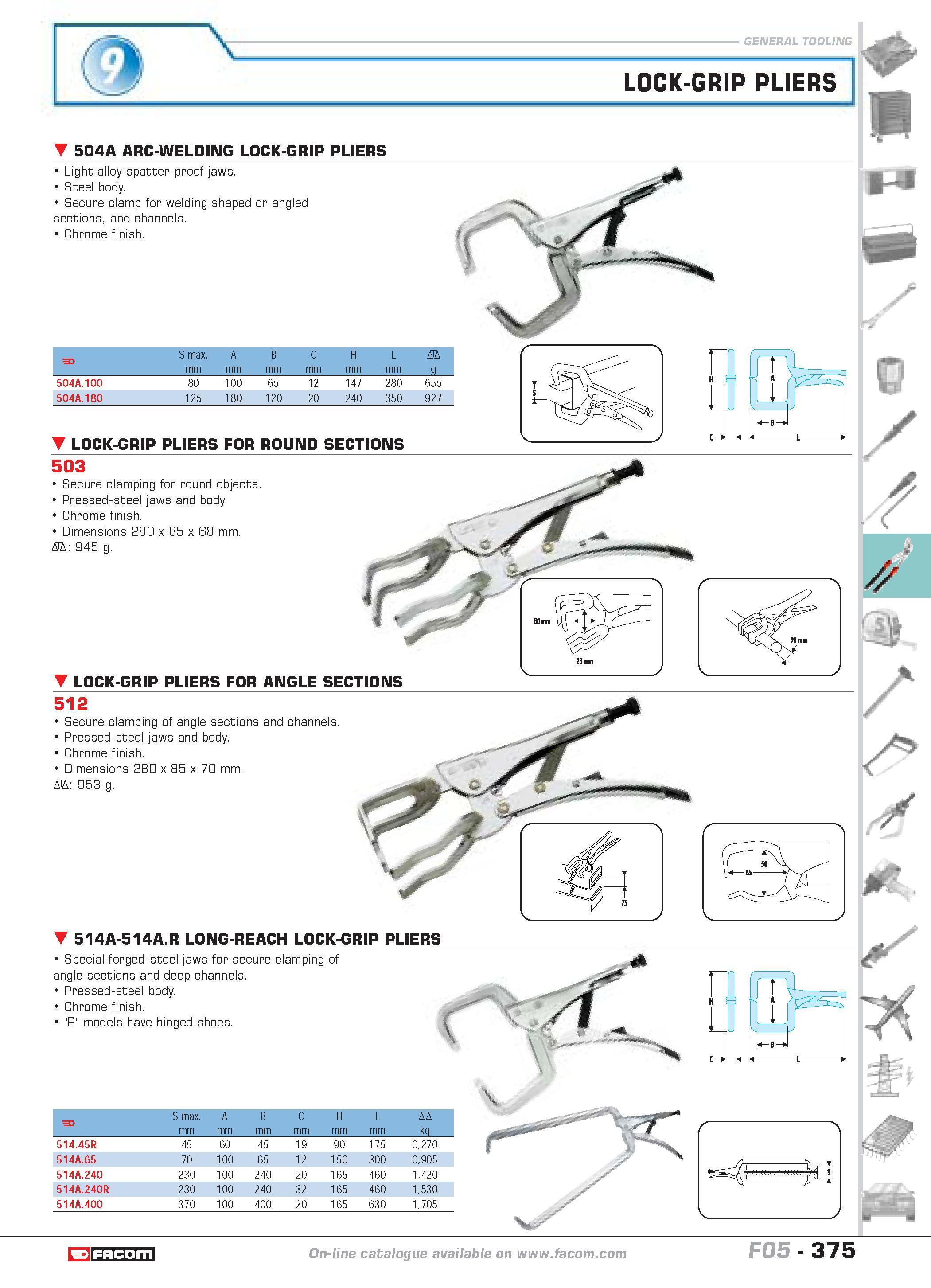 372 LOCK-GRIP PLIERS 504A ARC-WELDING LOCK-GRIP PLIERS Light alloy spatter-proof jaws Steel body Secure clamp for welding shaped or angled sections a Каталог FACOM 2005 Профессиональный ручной инструмент и специальное оборудование для предприятий и мастерских Стр. 375 ENG