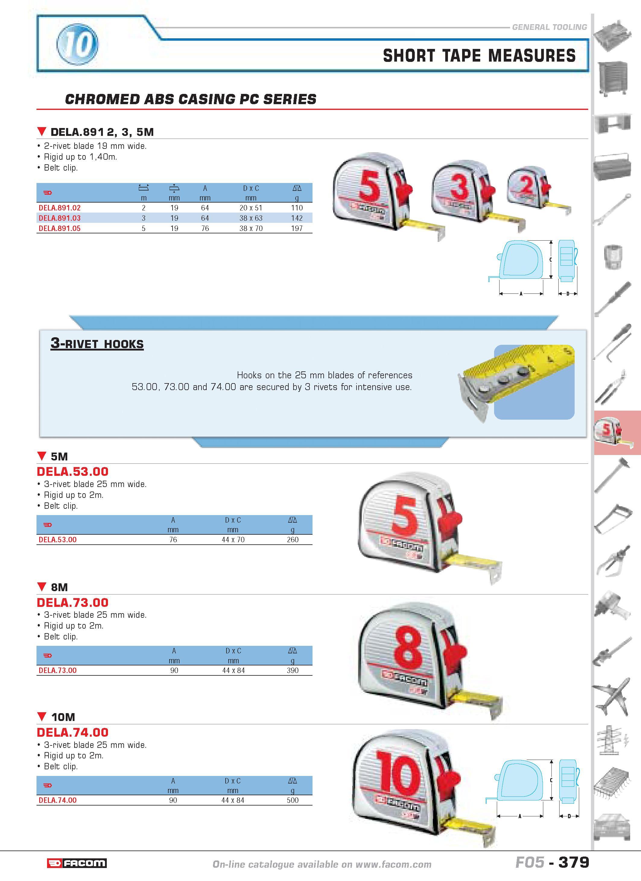 376 SHORT TAPE MEASURES CHROMED ABS CASING PC SERIES DELA 891 2 3 5M 2-rivet blade 19 mm wide Rigid up to 140m Belt clip F im M A D C D m mm g DELA 8 Каталог FACOM 2005 Профессиональный ручной инструмент и специальное оборудование для предприятий и мастерских Стр. 379 ENG