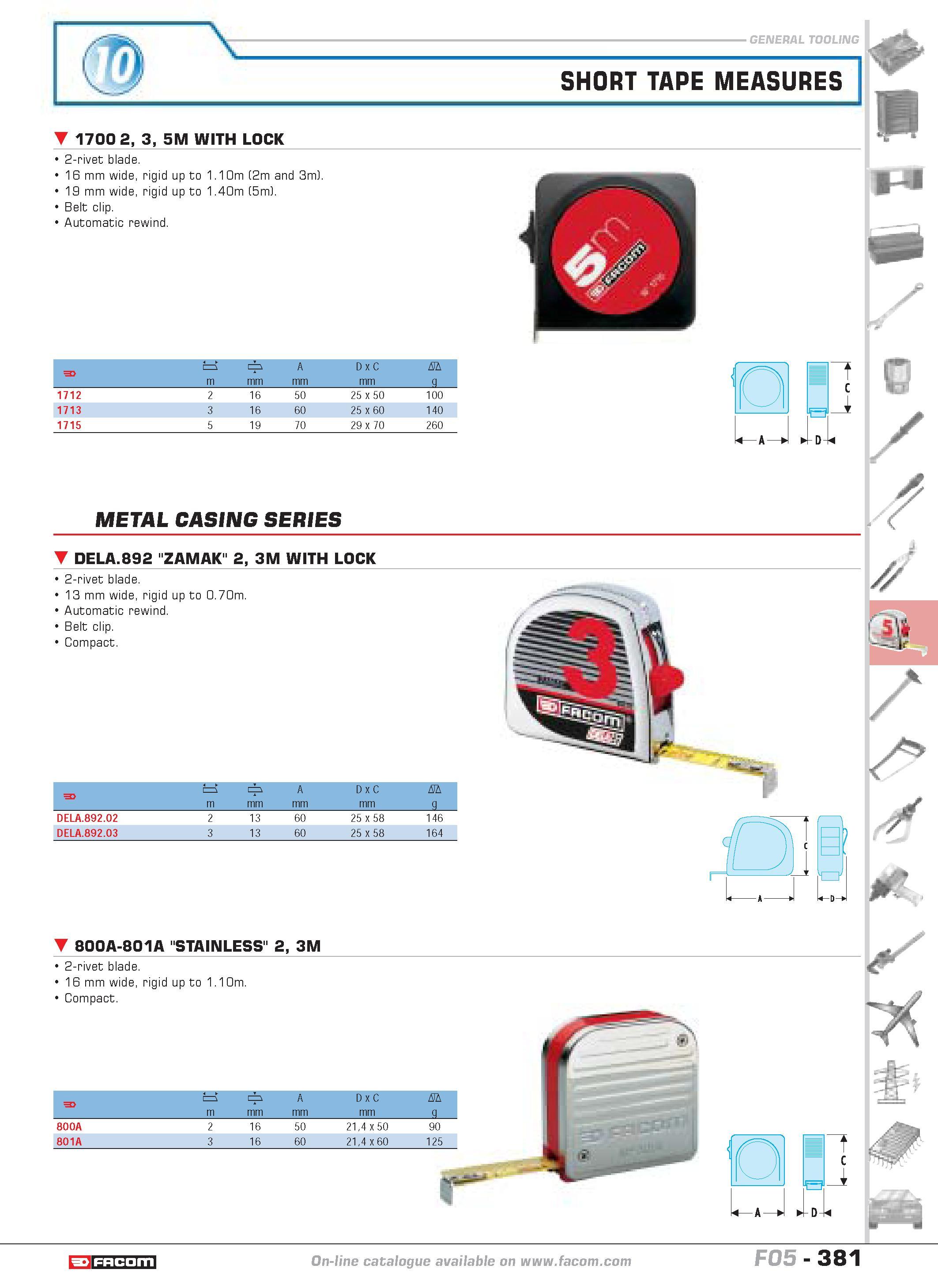 378 SHORT TAPE MEASURES 1700 2 3 5M WITH LOCK 2-rivet blade 1 16 mm wide rigid up to 1 10m (2m and 3m) 19 mm wide rigid up to 1 40m (5m) Belt clip Au Каталог FACOM 2005 Профессиональный ручной инструмент и специальное оборудование для предприятий и мастерских Стр. 381 ENG