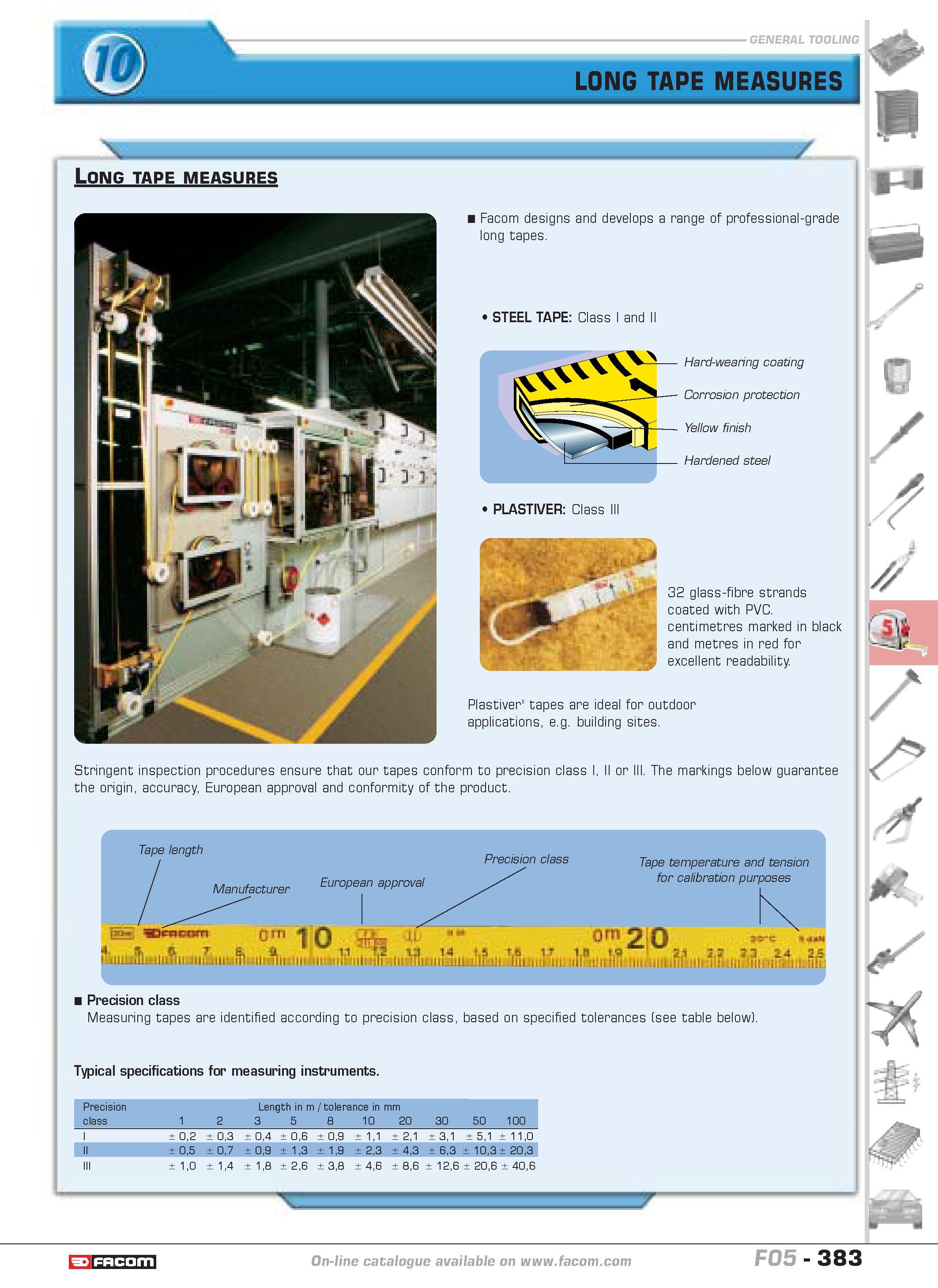 380 LONG TAPE MEASURES Long tape measures Facom designs and develops a range of professional-grade long tapes 1 STEEL TAPE Class I and II Plastiver t Каталог FACOM 2005 Профессиональный ручной инструмент и специальное оборудование для предприятий и мастерских Стр. 383 ENG