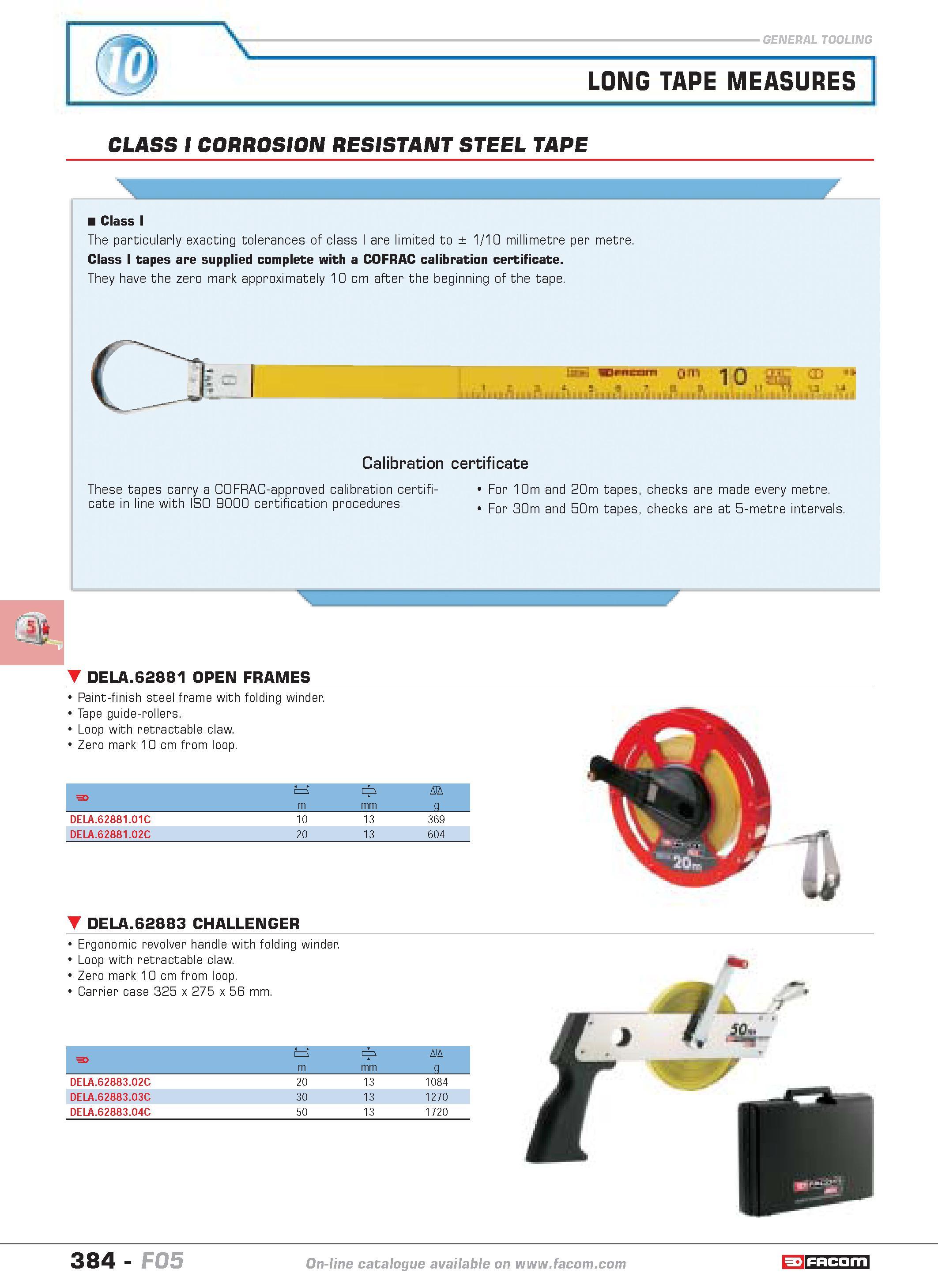 381 LONG TAPE MEASURES CLASS I CORROSION RESISTANT STEEL TAPE Class I The particularly exacting tolerances of class I are limited to 1 10 millimetre Каталог FACOM 2005 Профессиональный ручной инструмент и специальное оборудование для предприятий и мастерских Стр. 384 ENG