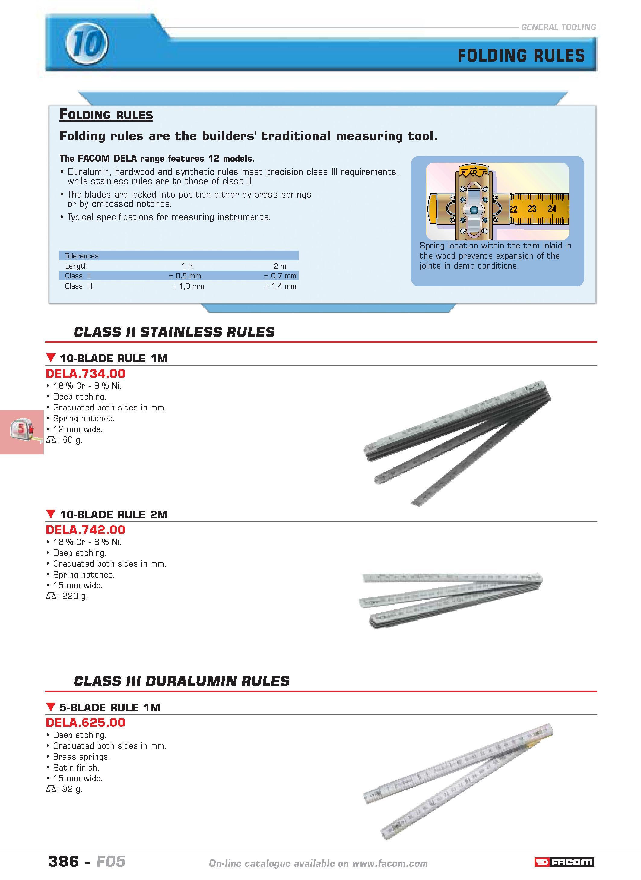 383 FOLDING RULES Folding rules Folding rules are the builders' traditional measuring tool The FACOM DELA range features 12 models Duralumin hardwood Каталог FACOM 2005 Профессиональный ручной инструмент и специальное оборудование для предприятий и мастерских Стр. 386 ENG