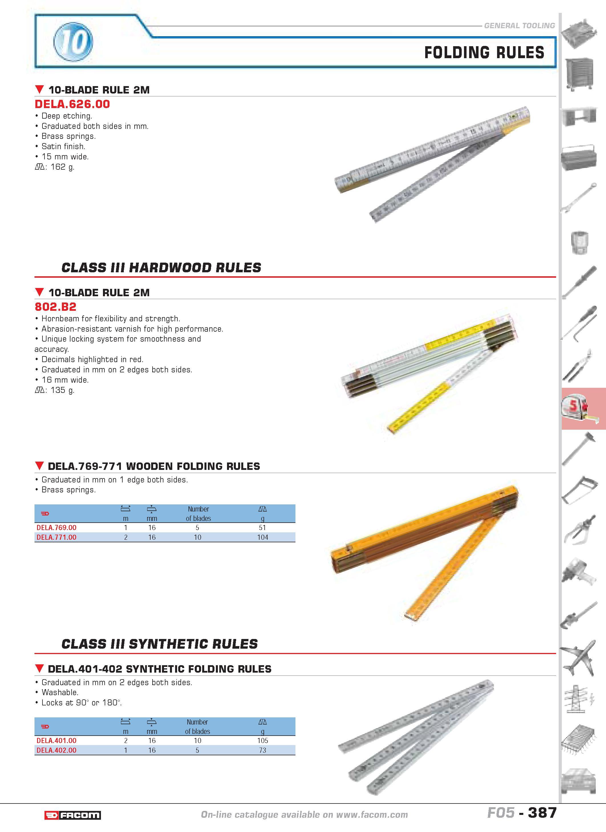384 FOLDING RULES 10-BLADE RULE 2M DELA 626 00 Deep etching Graduated both sides in mm Brass springs Satin finish 15 mm wide D 162 g CLASS III HARDWO Каталог FACOM 2005 Профессиональный ручной инструмент и специальное оборудование для предприятий и мастерских Стр. 387 ENG