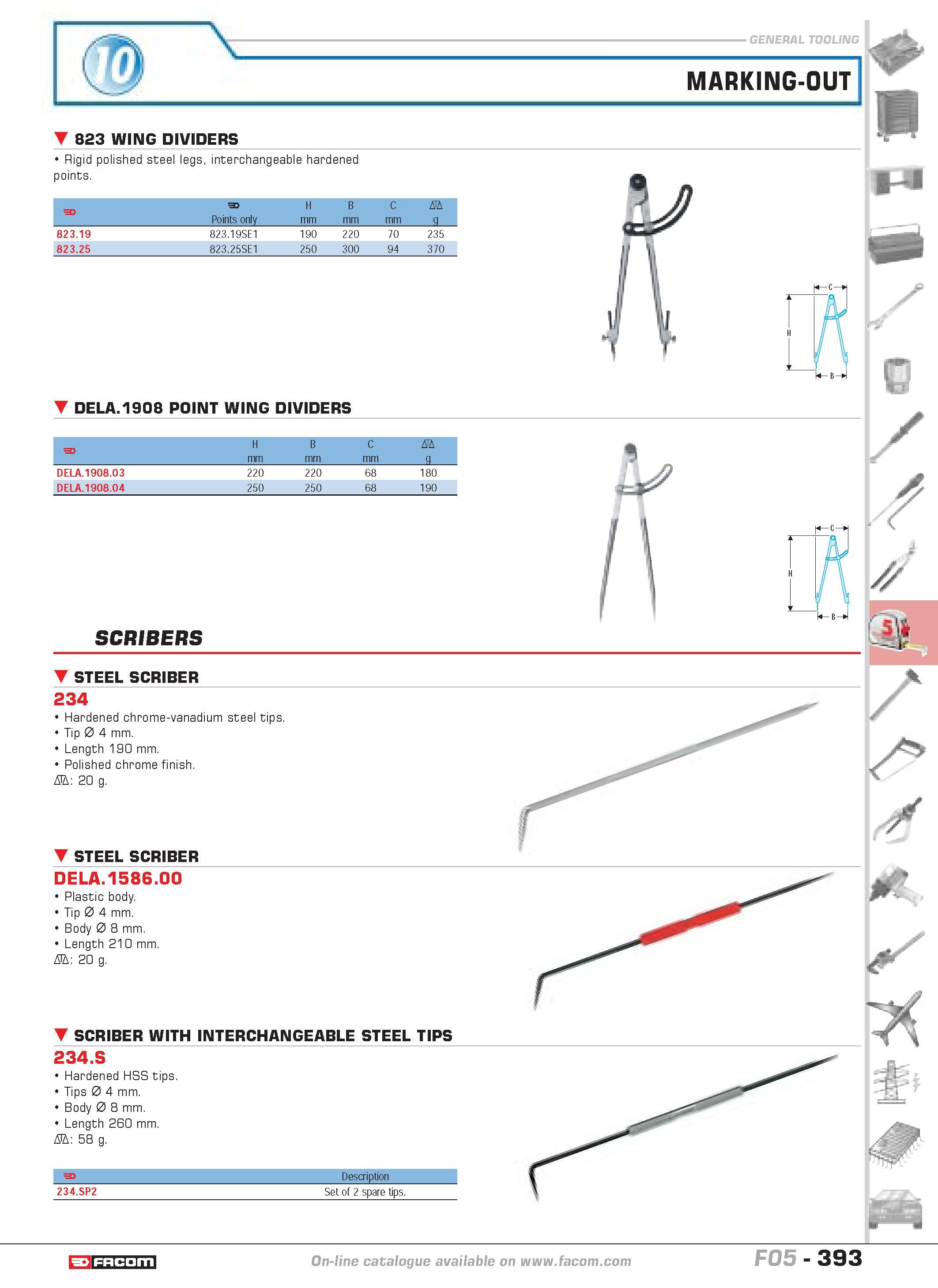 390 MARKING-OUT 823 WING DIVIDERS Rigid polished steel legs interchangeable hardened points F F H B C D Points only mm g 823 19 823 19SE1 190 220 70 Каталог FACOM 2005 Профессиональный ручной инструмент и специальное оборудование для предприятий и мастерских Стр. 393 ENG