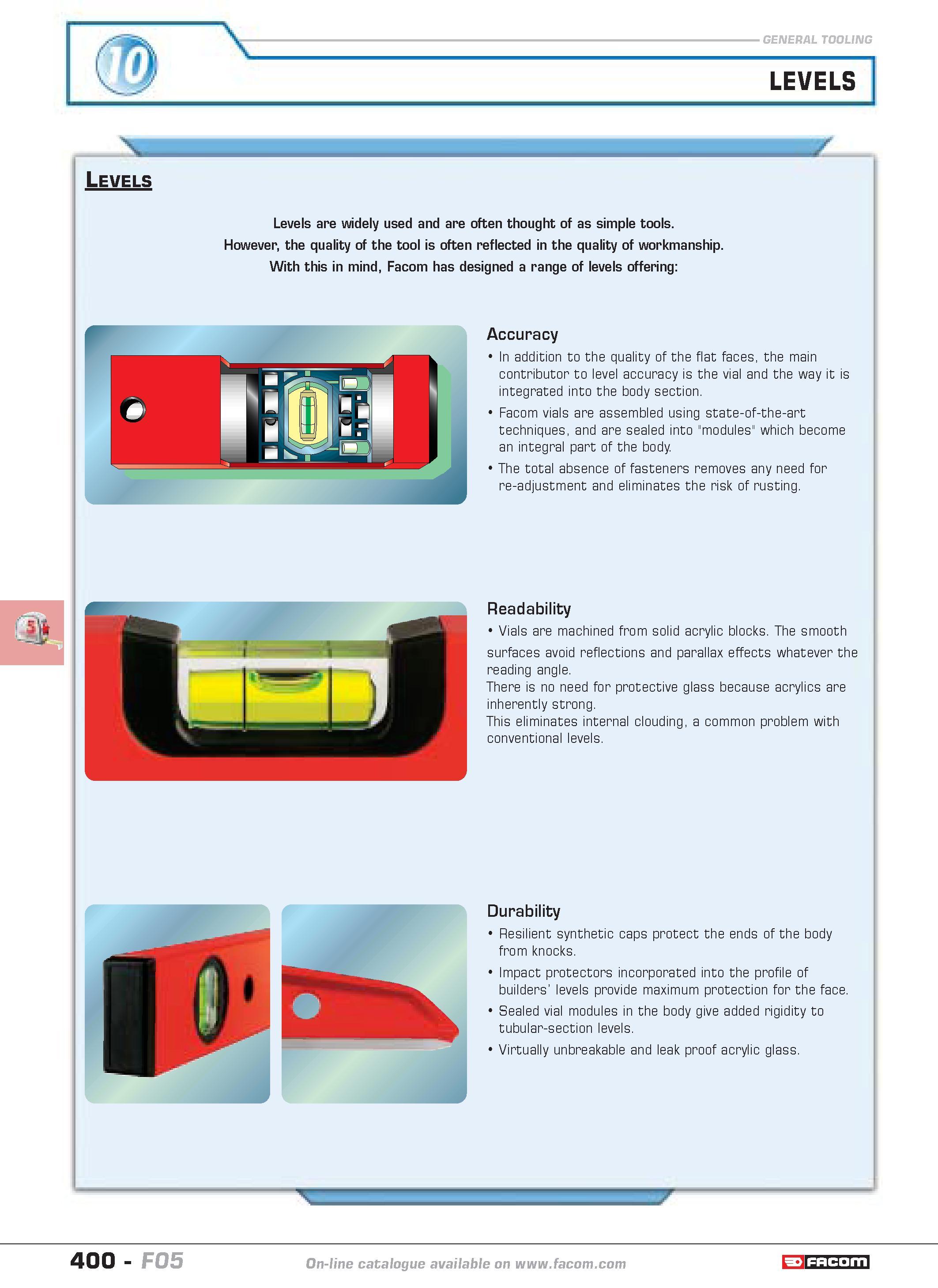 397 levels Levels Levels are widely used and are often thought of as simple tools However the quality of the tool is often reflected in the quality o Каталог FACOM 2005 Профессиональный ручной инструмент и специальное оборудование для предприятий и мастерских Стр. 400 ENG