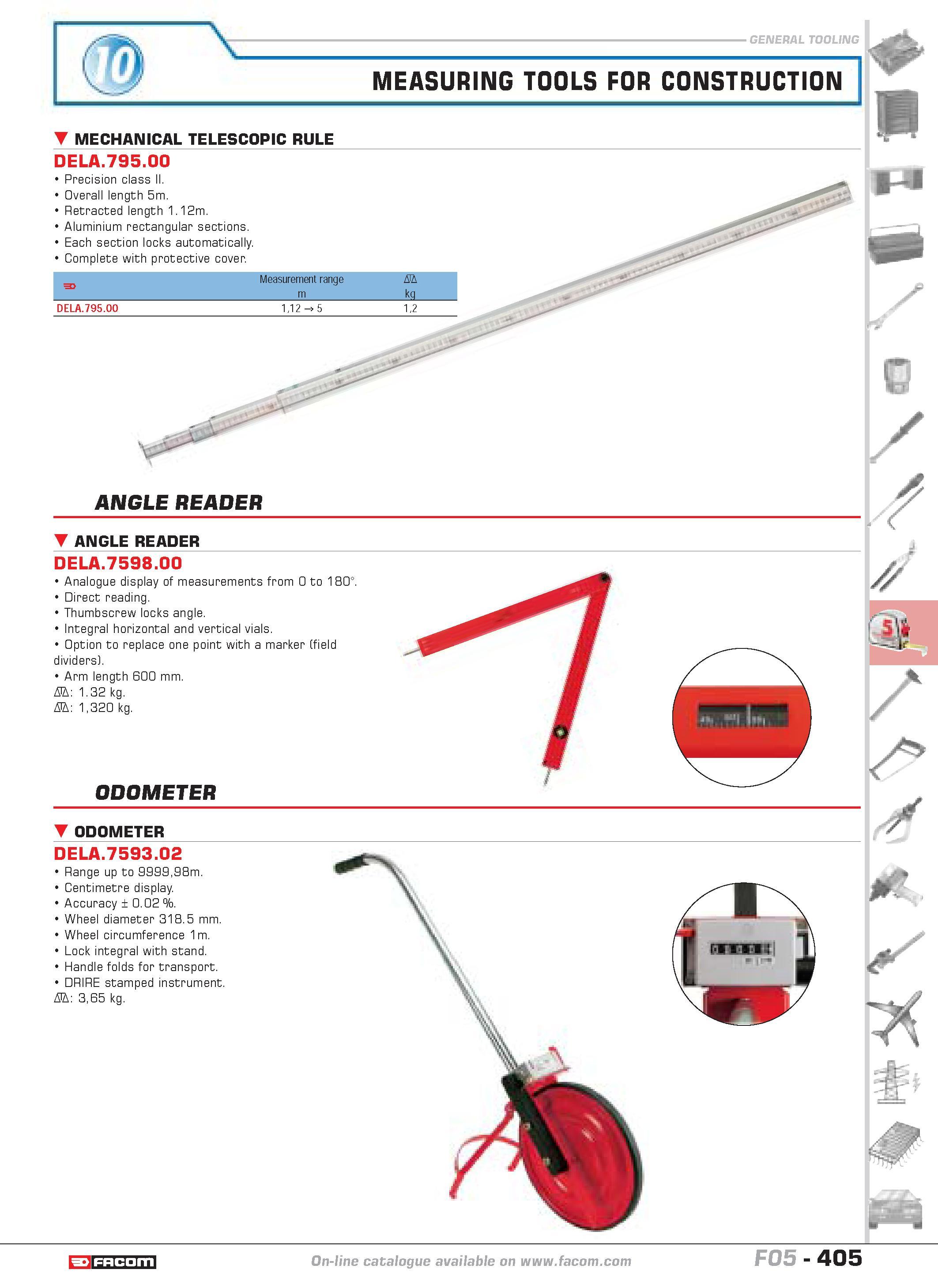 402 MEASURING TOOLS for construction mechanical telescopic rule DELA 795 00 Precision class Overall length 5m Retracted length 1 12m Aluminium rectan Каталог FACOM 2005 Профессиональный ручной инструмент и специальное оборудование для предприятий и мастерских Стр. 405 ENG