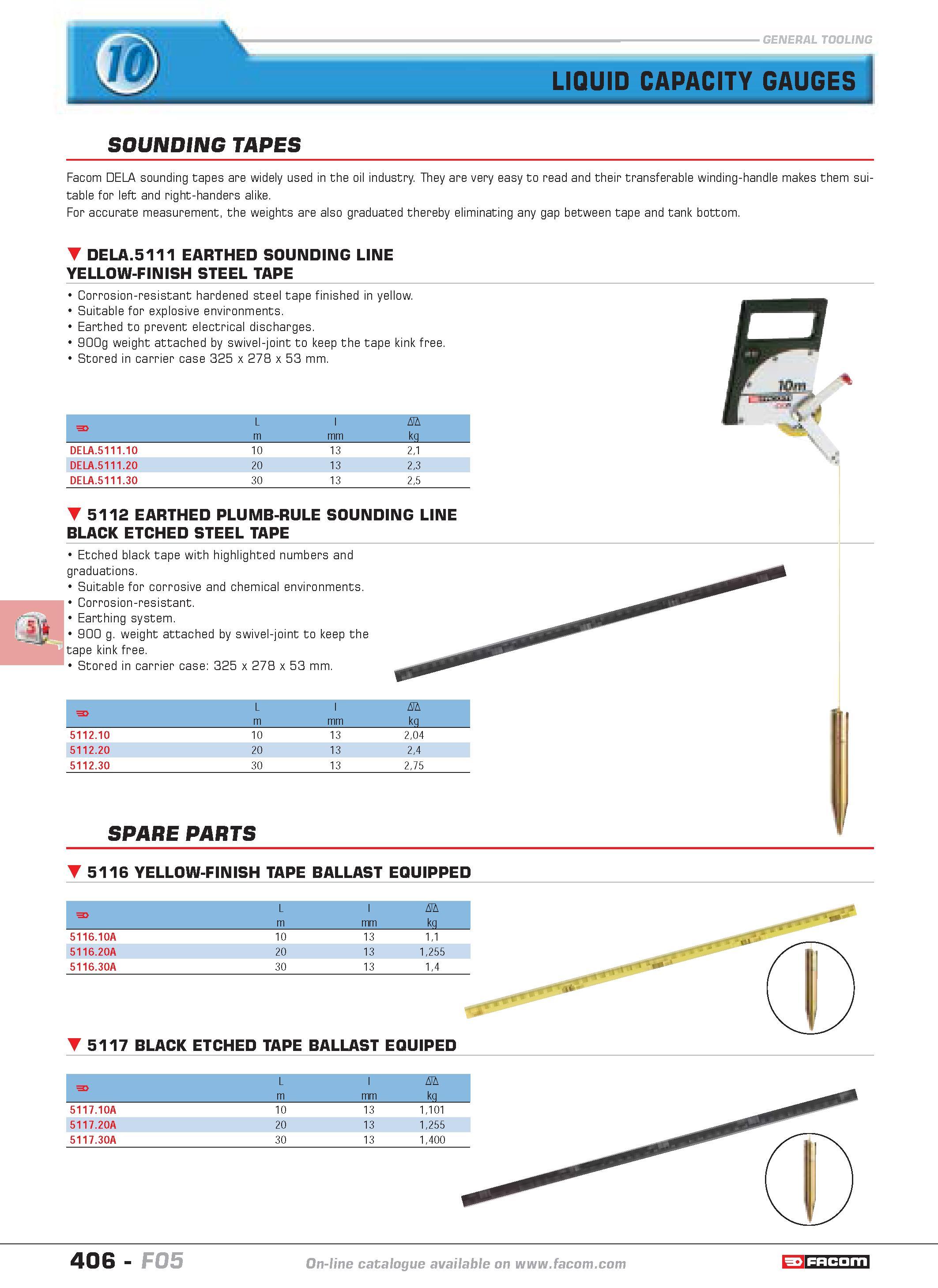 403 LIQUID CAPACITY GAUGES SOUNDING TAPES Facom DELA sounding tapes are widely used in the oil industry They are very easy to read and their transfer Каталог FACOM 2005 Профессиональный ручной инструмент и специальное оборудование для предприятий и мастерских Стр. 406 ENG