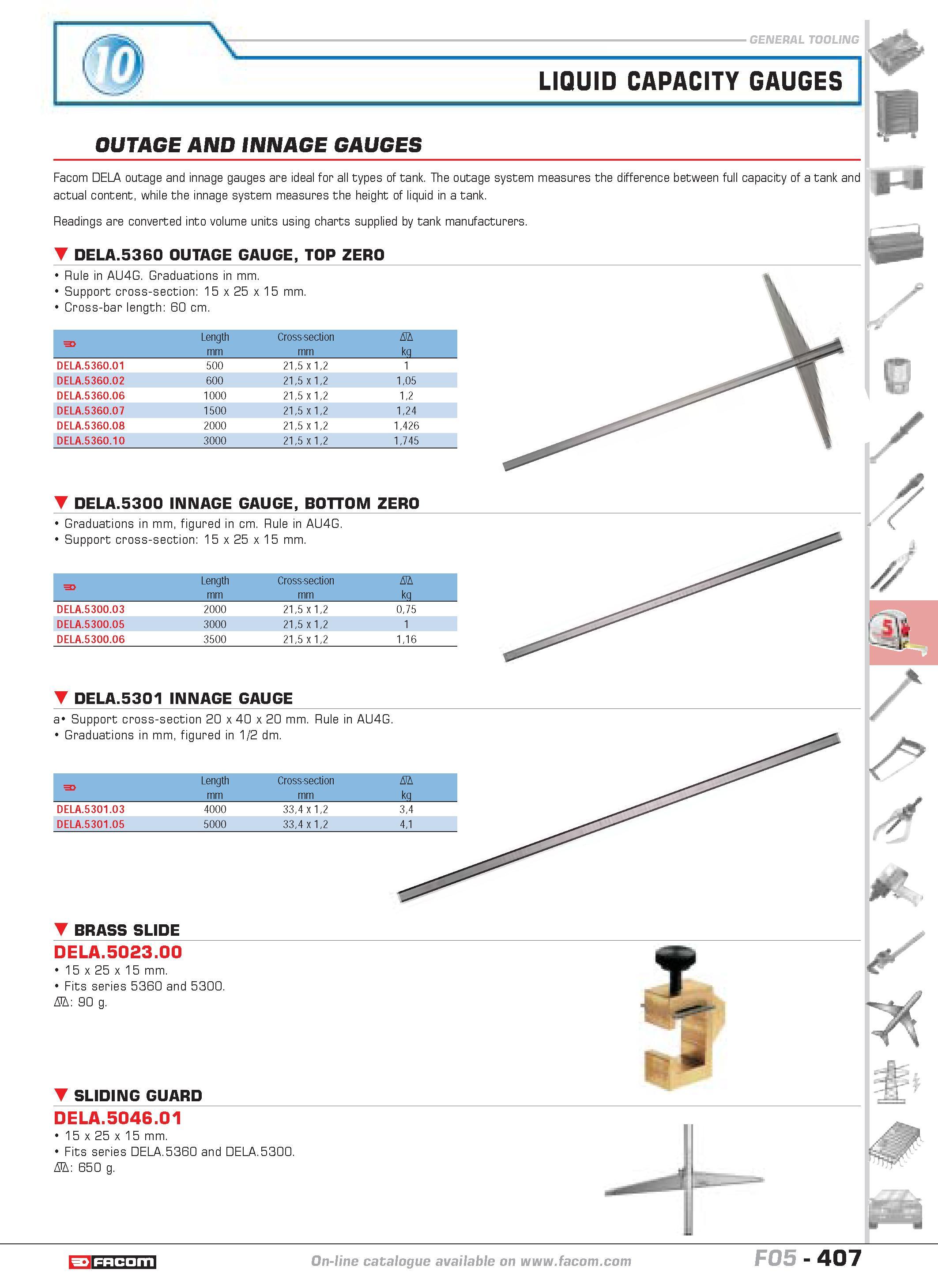 404 LIQUID CAPACITY GAUGES OUTAGE AND INNAGE GAUGES Facom DELA outage and innage gauges are ideal for all types of tank The outage system measures th Каталог FACOM 2005 Профессиональный ручной инструмент и специальное оборудование для предприятий и мастерских Стр. 407 ENG