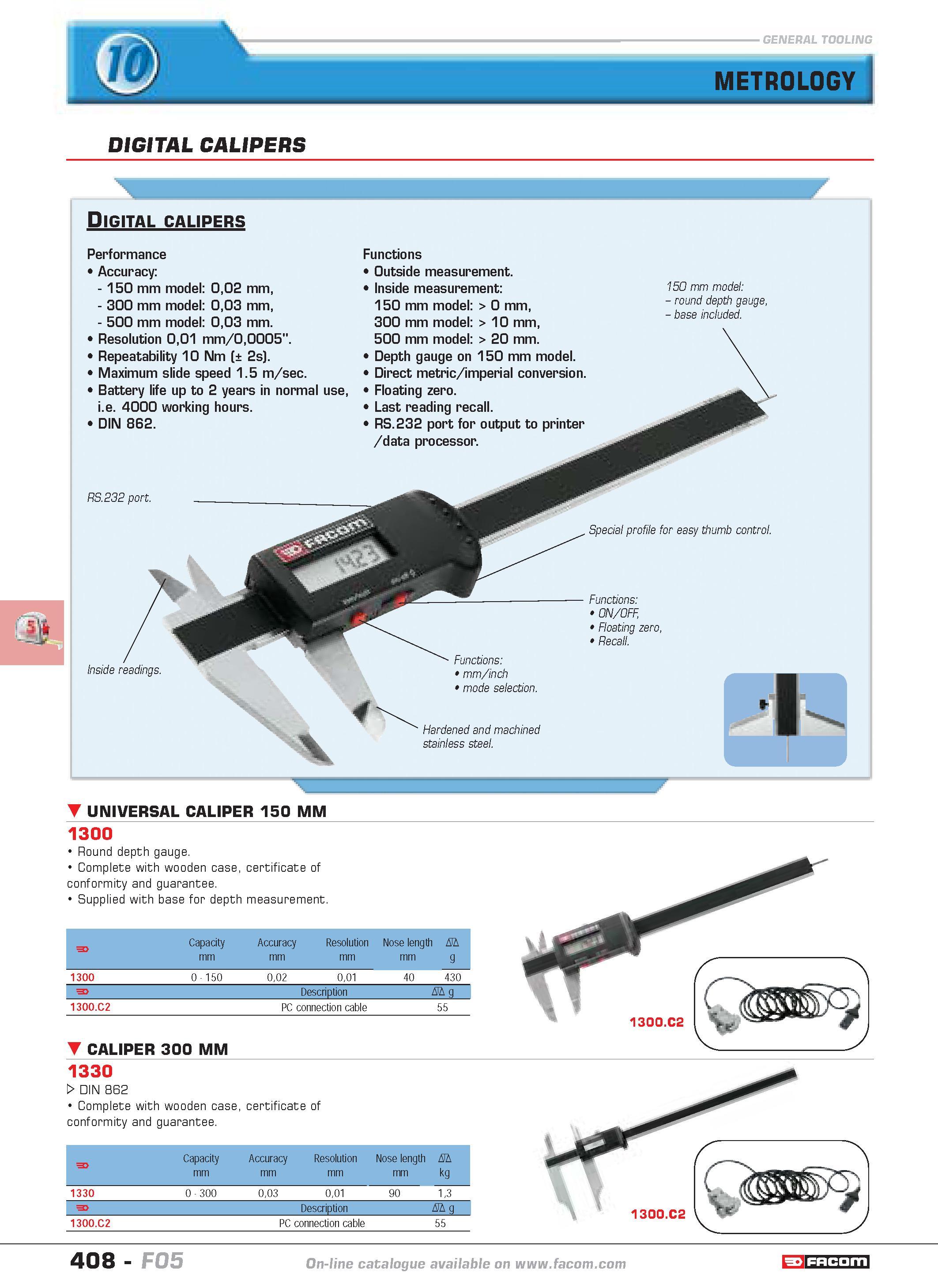 405 METROLOGY DIGITAL CALIPERS Digital calipers Performance Accuracy 150 mm model 002 mm 300 mm model 003 mm 500 mm model 003 mm Resolution 001 mm 00 Каталог FACOM 2005 Профессиональный ручной инструмент и специальное оборудование для предприятий и мастерских Стр. 408 ENG