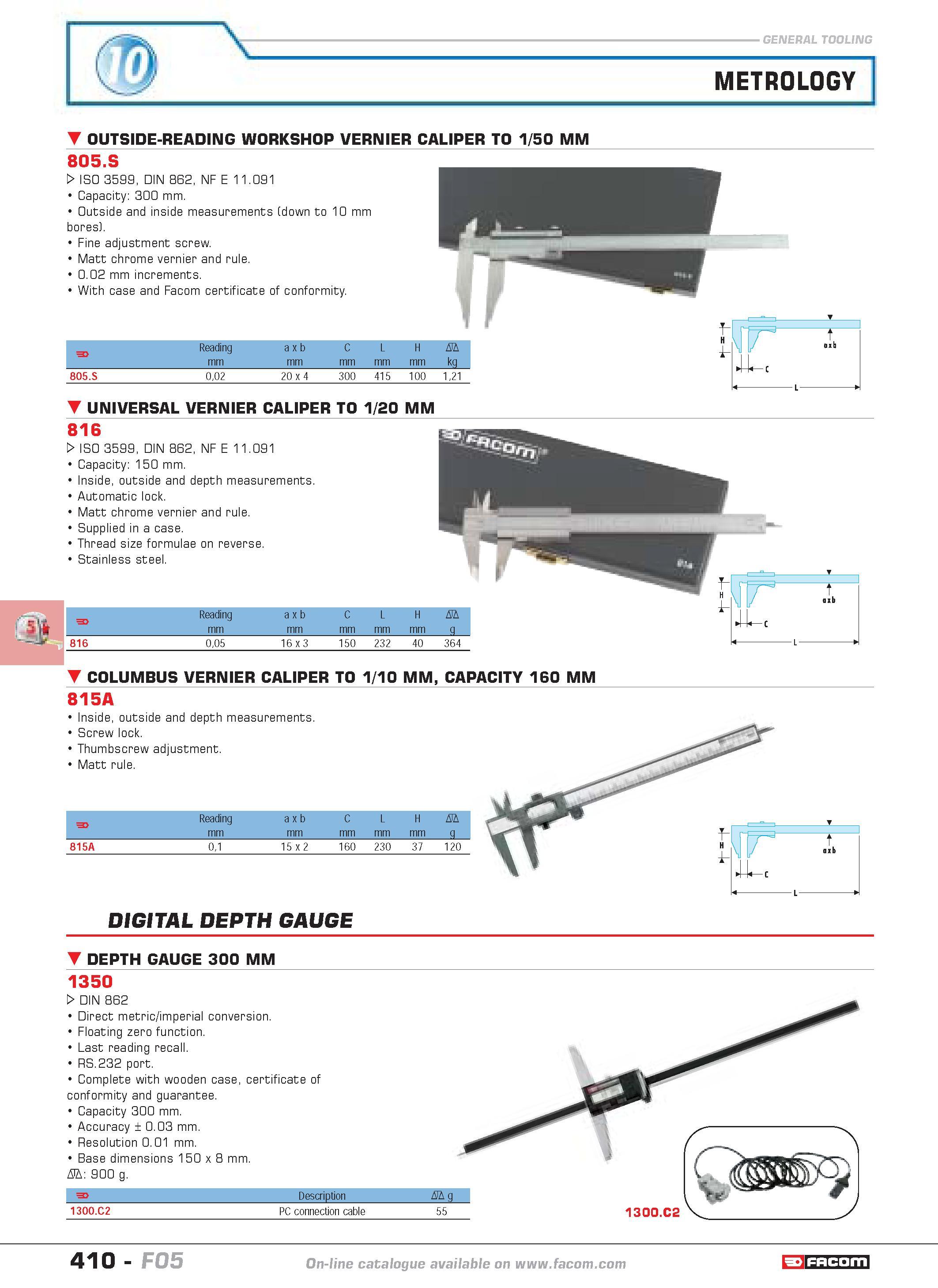 407 METROLOGY OUTSIDE-READING WORKSHOP VERNIER CALIPER TO 1 50 MM 805 S W ISO 3599 DIN 862 NF E 11 091 Capacity 300 mm Outside and inside measurement Каталог FACOM 2005 Профессиональный ручной инструмент и специальное оборудование для предприятий и мастерских Стр. 410 ENG