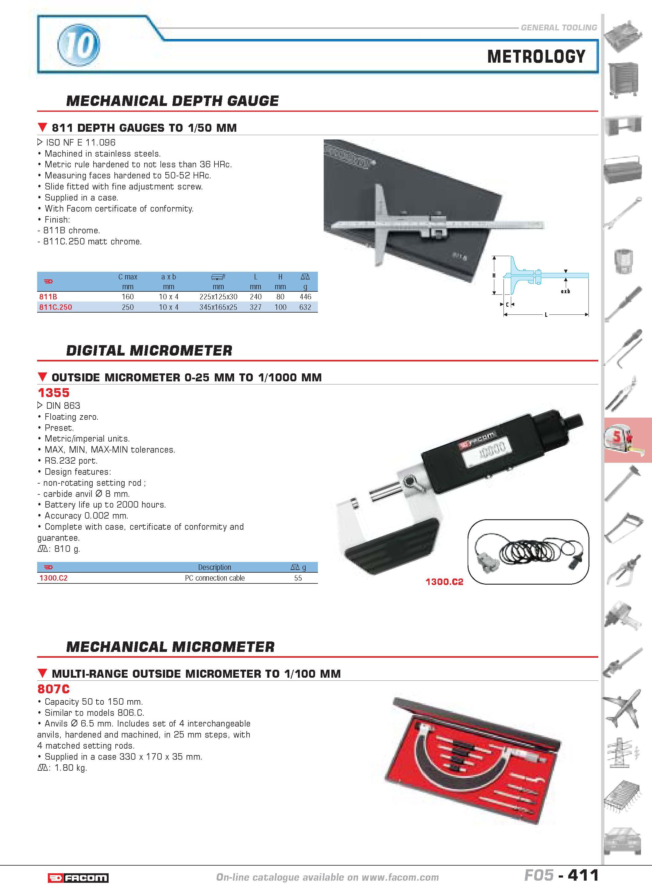408 METROLOGY MECHANICAL DEPTH GAUGE 811 DEPTH GAUGES TO 1 50 MM W ISO NF E 11 096 Machined in stainless steels Metric rule hardened to not less than Каталог FACOM 2005 Профессиональный ручной инструмент и специальное оборудование для предприятий и мастерских Стр. 411 ENG