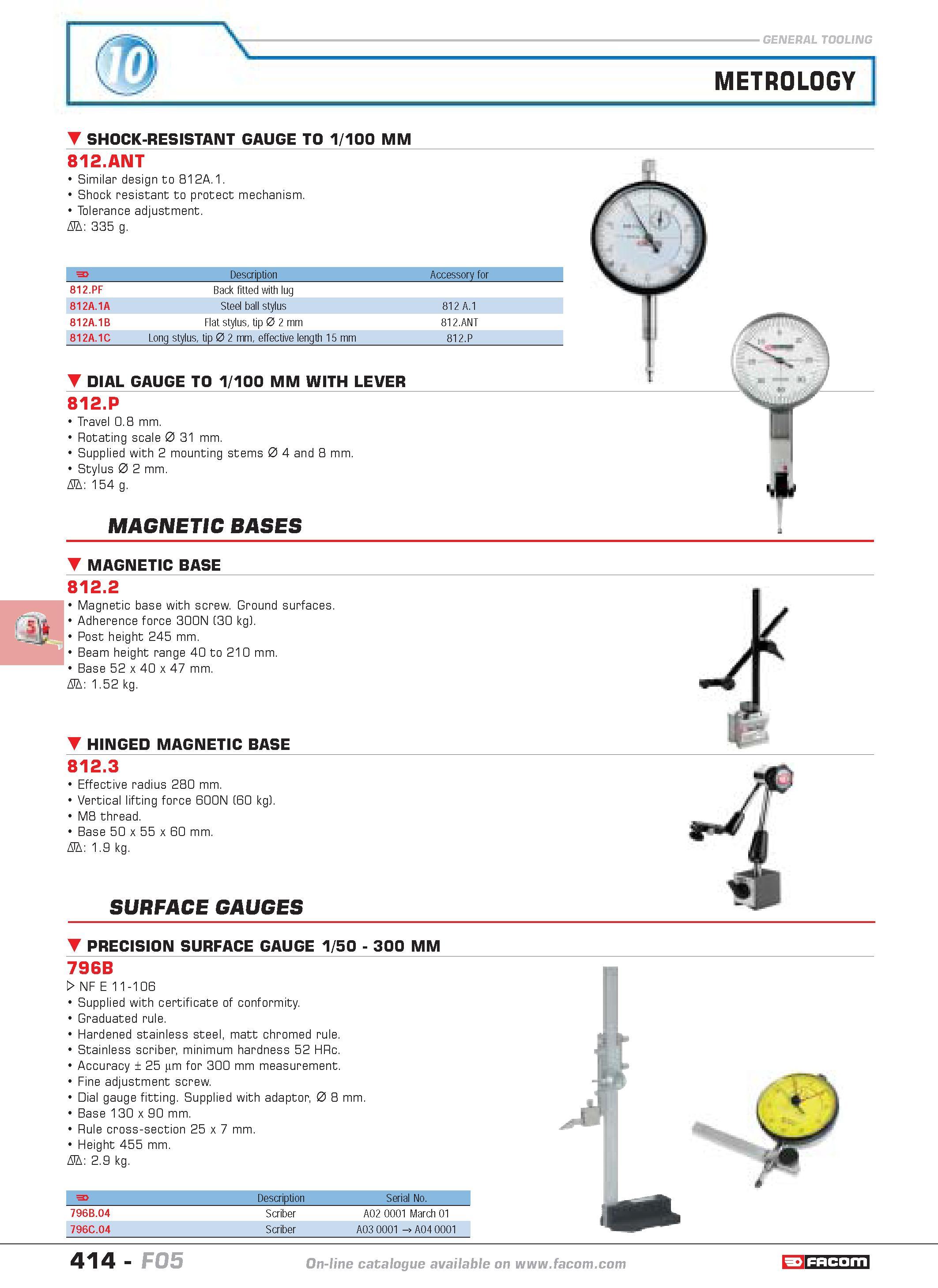 411 metrology SHOCK-RESISTANT GAUGE TO 1 100 MM 812 ANT Similar design to 812A 1 Shock resistant to protect mechanism Tolerance adjustment D 335 g F Каталог FACOM 2005 Профессиональный ручной инструмент и специальное оборудование для предприятий и мастерских Стр. 414 ENG