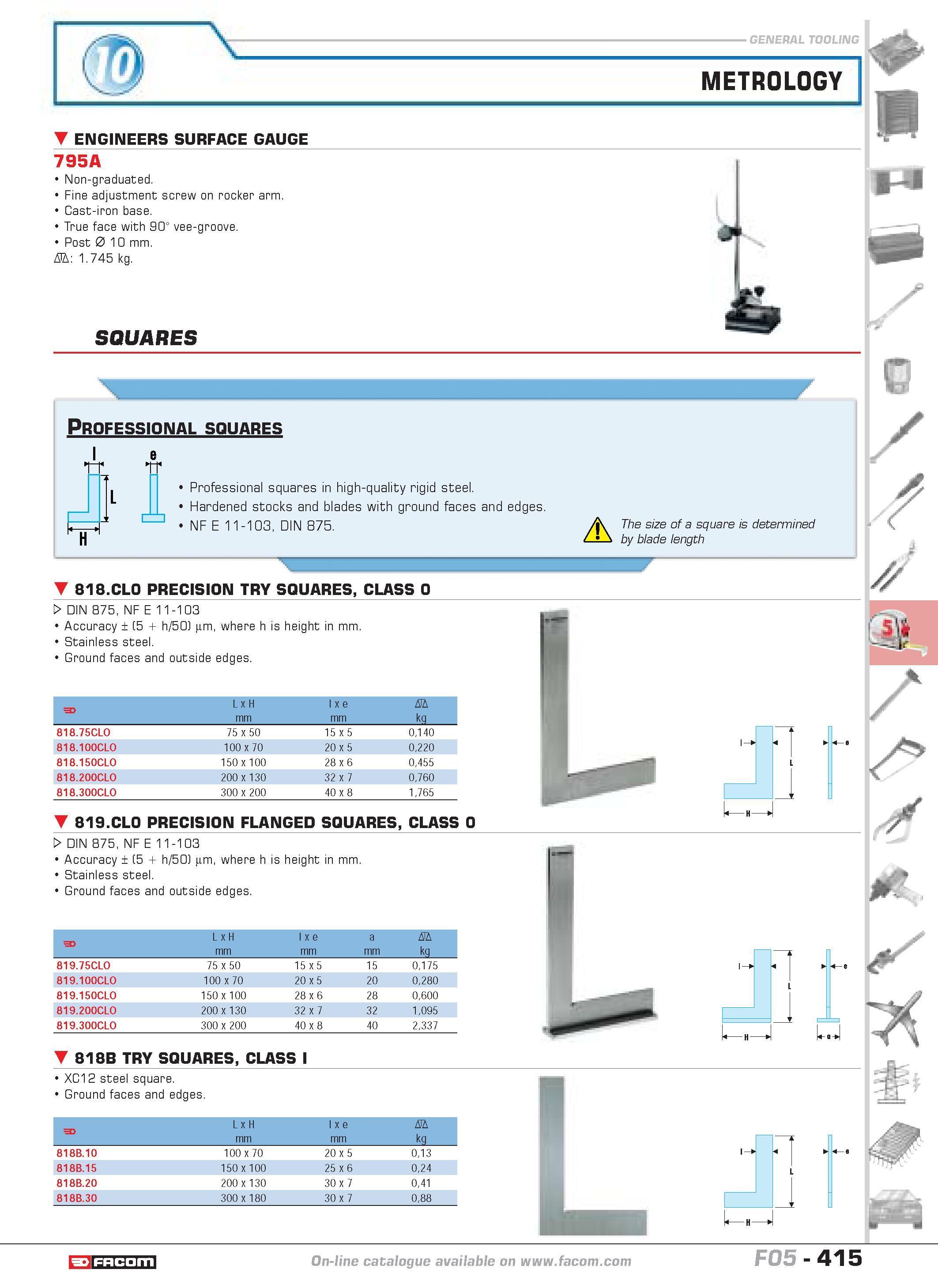 412 METROLOGY ENGINEERS SURFACE GAUGE 795A Non-graduated Fine adjustment screw on rocker arm Cast-iron base True face with 90 vee-groove Post 0 10 mm Каталог FACOM 2005 Профессиональный ручной инструмент и специальное оборудование для предприятий и мастерских Стр. 415 ENG