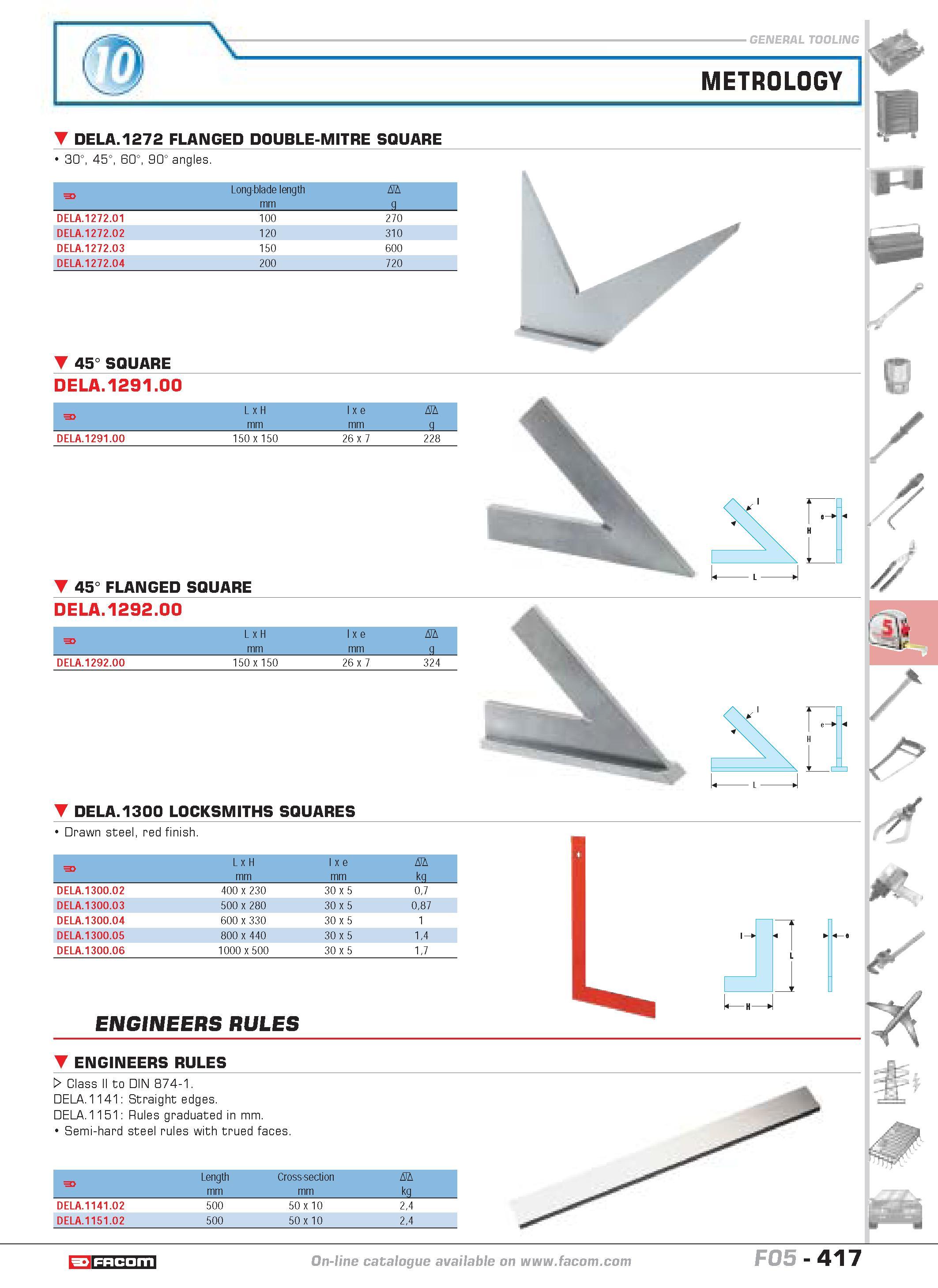 414 METROLOGY DELA 1272 FLANGED DOUBLE-MITRE SQUARE 30 45 60 90 angles F Long-blade length mm D g DELA 1272 01 100 270 DELA 1272 02 120 310 DELA 1272 Каталог FACOM 2005 Профессиональный ручной инструмент и специальное оборудование для предприятий и мастерских Стр. 417 ENG