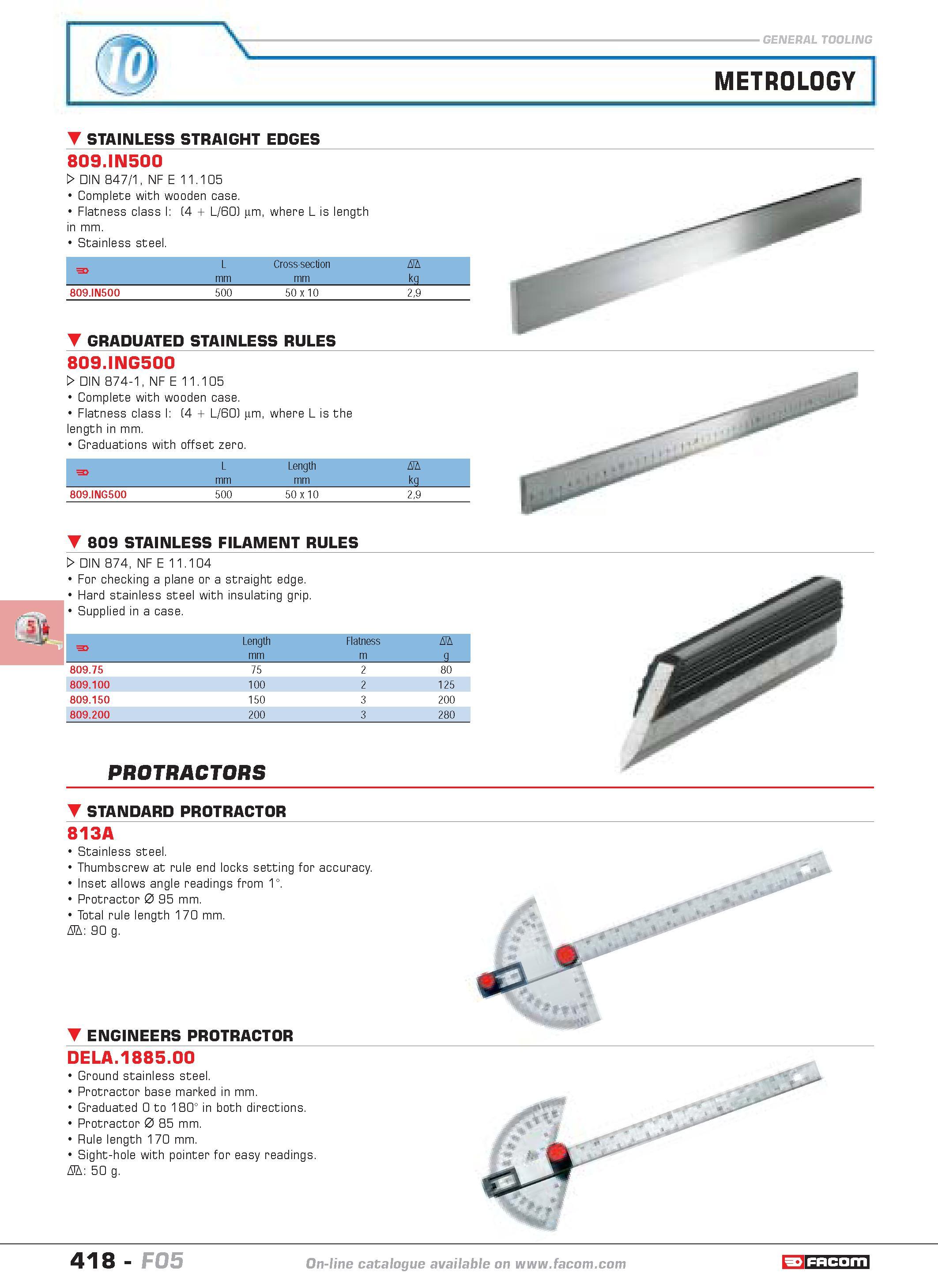 415 METROLOGY STAINLESS STRAIGHT EDGES 809 IN500 W DIN 847 1 NF E 11 105 Complete with wooden case Flatness class I (4 L 60) im where L is length in Каталог FACOM 2005 Профессиональный ручной инструмент и специальное оборудование для предприятий и мастерских Стр. 418 ENG