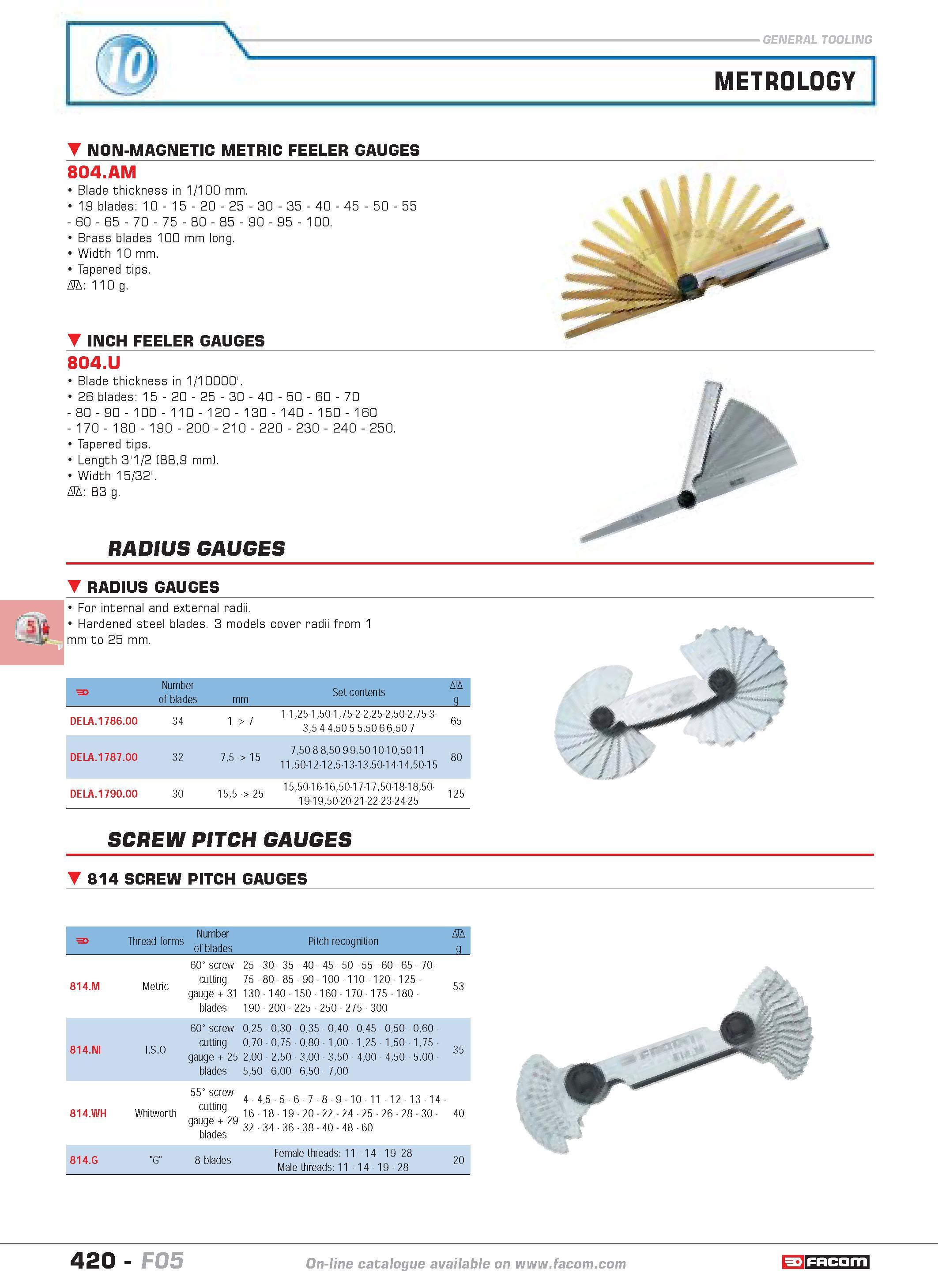 417 metrology NON-MAGNETIC METRIC FEELER GAUGES 804 AM Blade thickness in 1 100 mm 19 blades 10 15 20 25 30 35 40 45 50 55 60 65 70 75 80 85 90 95 10 Каталог FACOM 2005 Профессиональный ручной инструмент и специальное оборудование для предприятий и мастерских Стр. 420 ENG