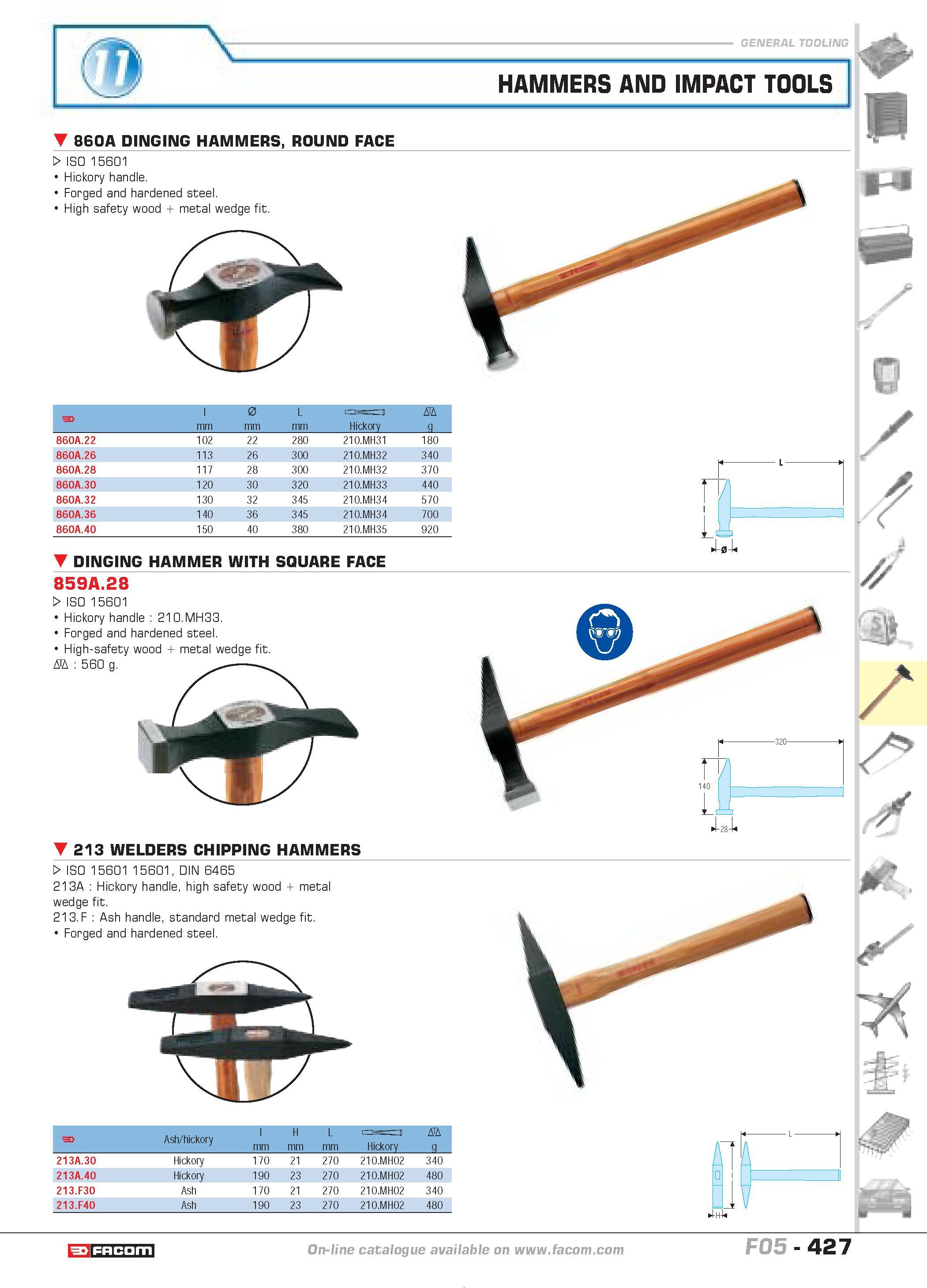 424 HAMMERS AND IMPACT TOOLS 860A DINGING HAMMERS ROUND FACE W ISO 15601 Hickory handle Forged and hardened steel High safety wood metal wedge fit F Каталог FACOM 2005 Профессиональный ручной инструмент и специальное оборудование для предприятий и мастерских Стр. 427 ENG