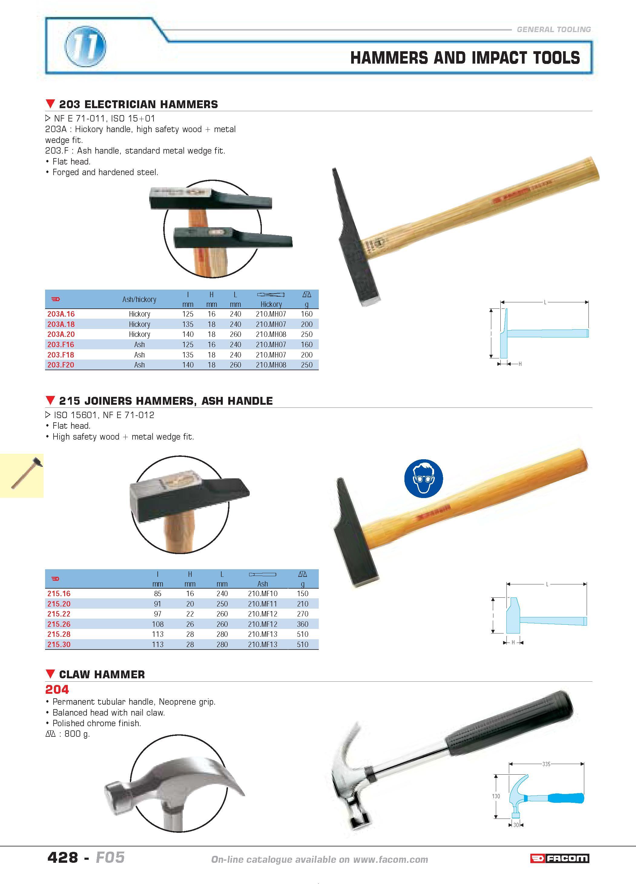 425 HAMMERS AND IMPACT TOOLS 203 ELECTRICIAN HAMMERS W NF E 71-011 ISO 15 01 203A Hickory handle high safety wood metal wedge fit 203 F Ash handle st Каталог FACOM 2005 Профессиональный ручной инструмент и специальное оборудование для предприятий и мастерских Стр. 428 ENG