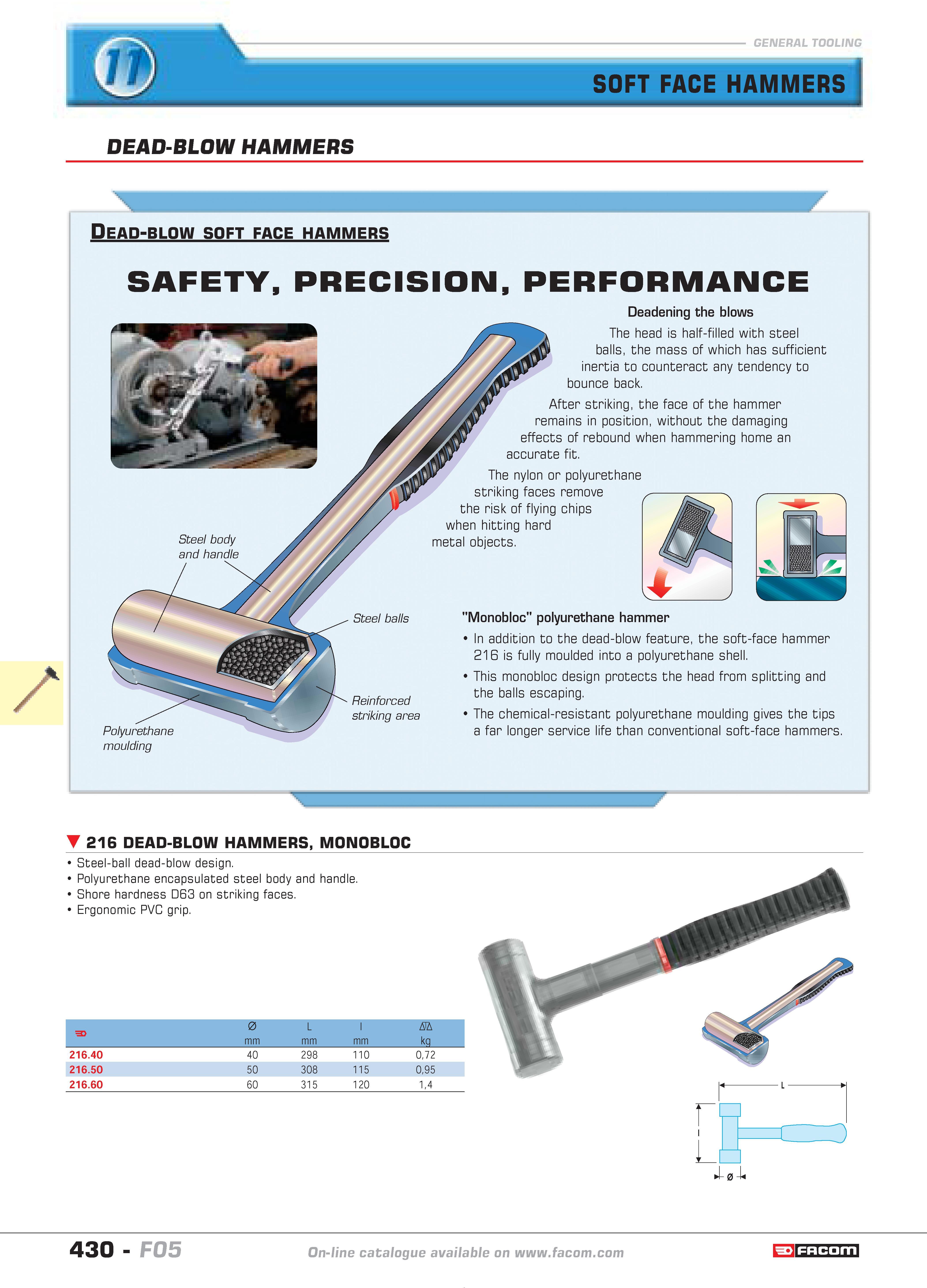 427 SOFT FACE HAMMERS DEAD-BLOW HAMMERS H r Dead-blow soft face hammers SAFETY PRECISION PERFORMANCE Deadening the blows The head is half-filled with Каталог FACOM 2005 Профессиональный ручной инструмент и специальное оборудование для предприятий и мастерских Стр. 430 ENG