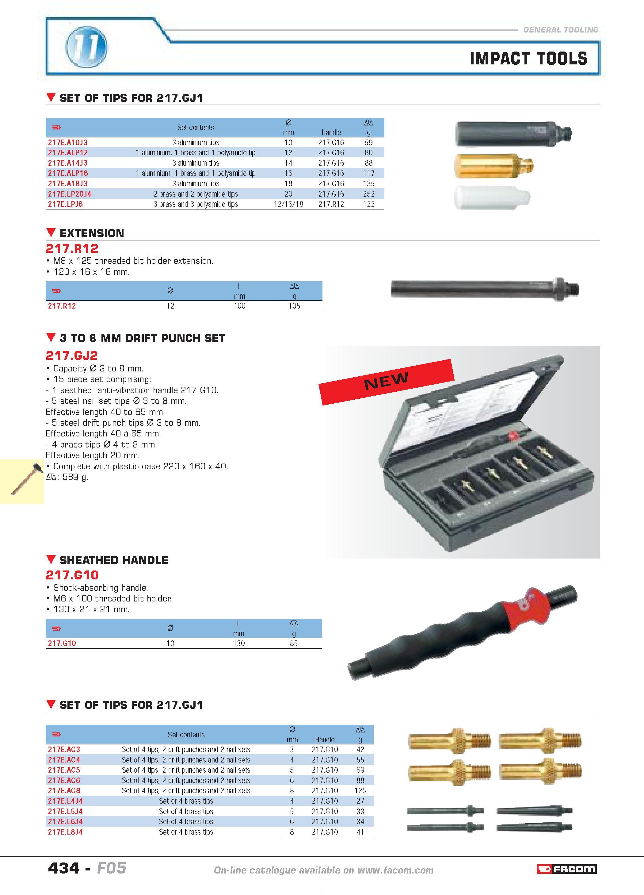 431 IMPACT TOOLS SET OF TIPS FOR 217 GJ1 F Set contents 0 mm Handle D g 217E A10J3 3 aluminium tips 10 217 G16 59 217E ALP12 1 aluminium 1 brass and Каталог FACOM 2005 Профессиональный ручной инструмент и специальное оборудование для предприятий и мастерских Стр. 434 ENG