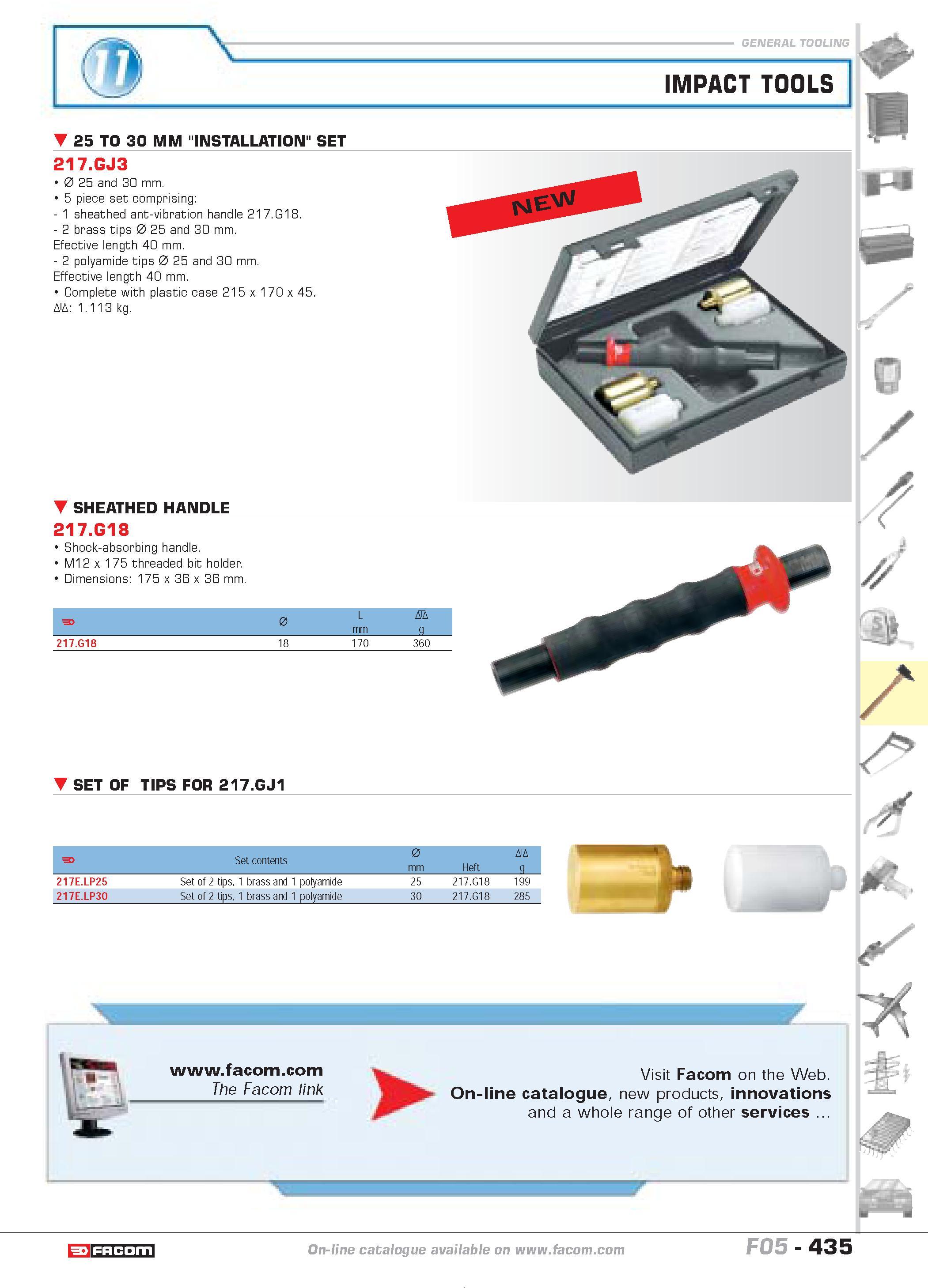 432 IMPACT TOOLS 25 TO 30 MM INSTALLATION SET 217 GJ3 0 25 and 30 mm 5 piece set comprising 1 sheathed ant-vibration handle 217 G18 2 brass tips 0 25 Каталог FACOM 2005 Профессиональный ручной инструмент и специальное оборудование для предприятий и мастерских Стр. 435 ENG