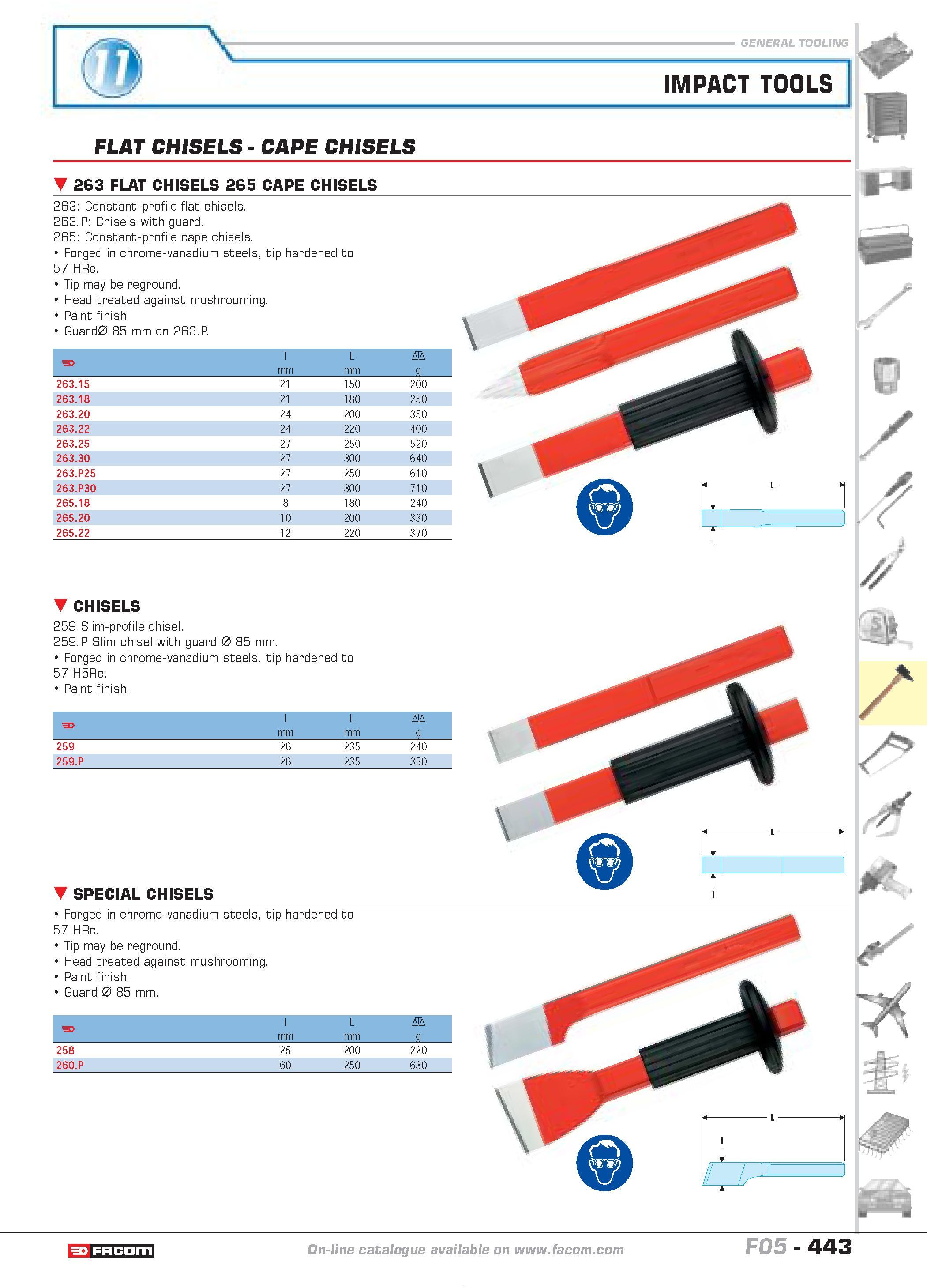 440 IMPACT TOOLS P FLAT CHISELS CAPE CHISELS 263 FLAT CHISELS 265 CAPE CHISELS 263 Constant-profile flat chisels 263 P Chisels with guard 265 Constan Каталог FACOM 2005 Профессиональный ручной инструмент и специальное оборудование для предприятий и мастерских Стр. 443 ENG