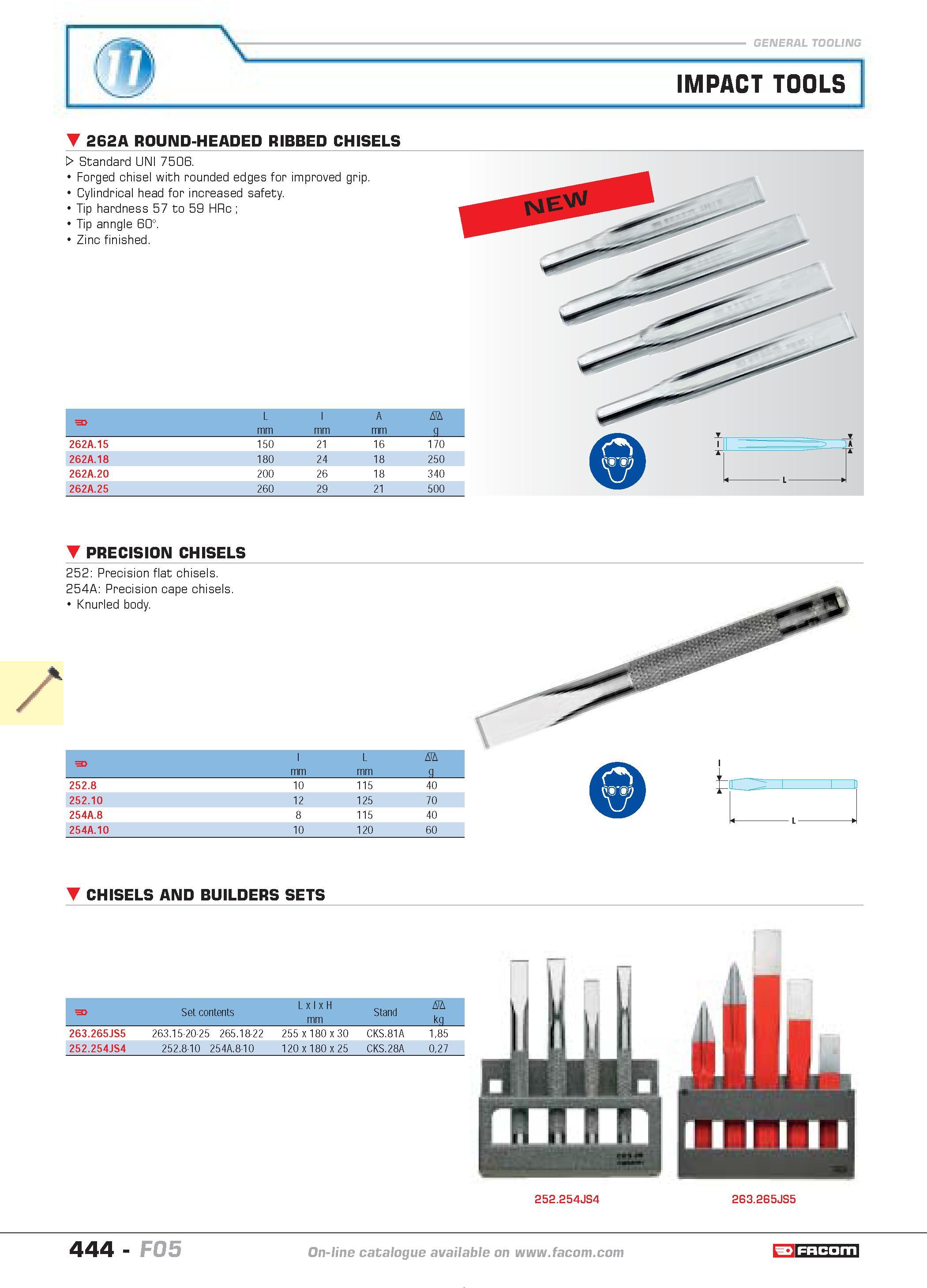 441 IMPACT TOOLS 262A ROUND-HEADED RIBBED CHISELS W Standard UNI 7506 Forged chisel with rounded edges for improved grip Cylindrical head for increas Каталог FACOM 2005 Профессиональный ручной инструмент и специальное оборудование для предприятий и мастерских Стр. 444 ENG