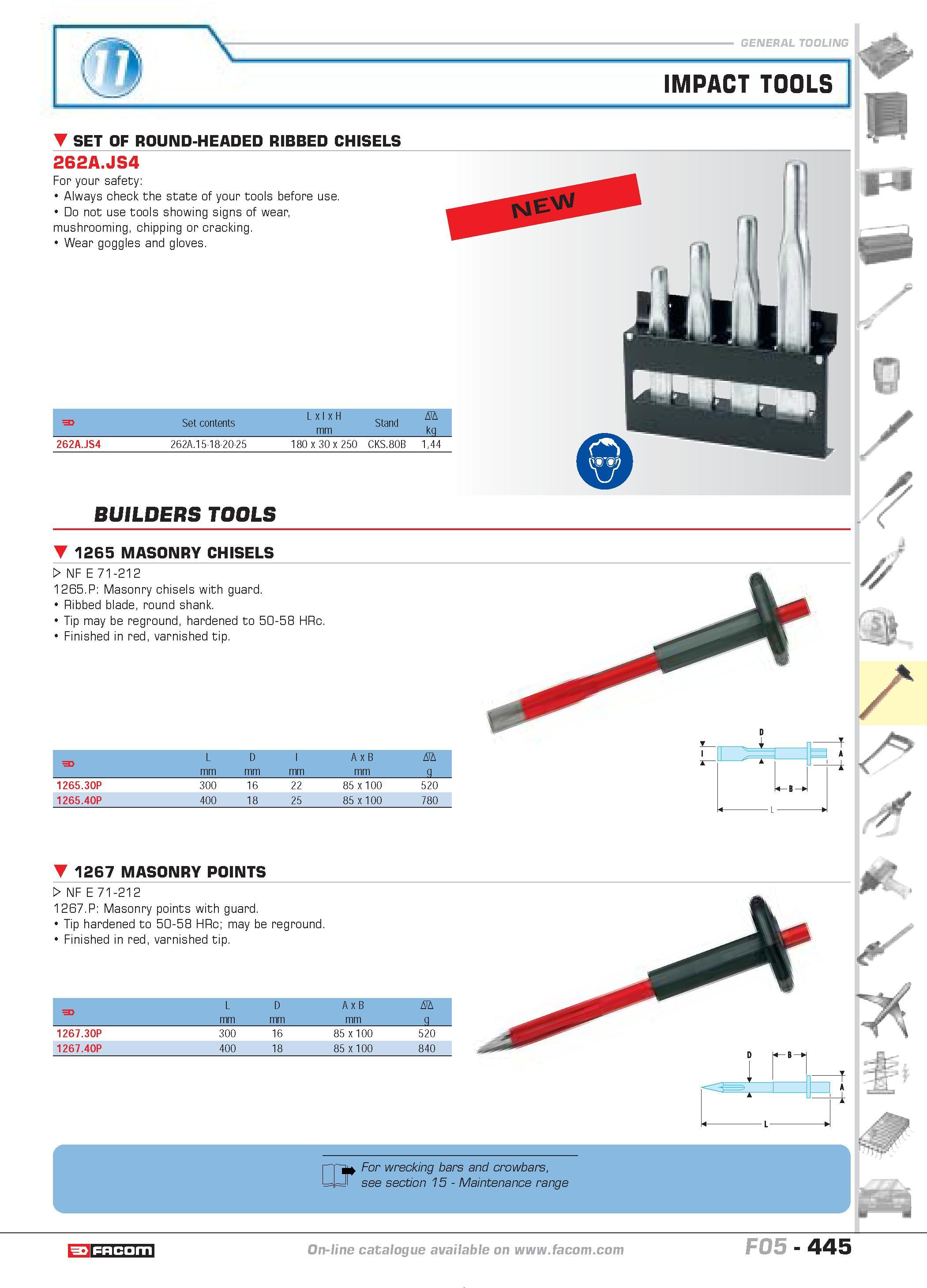 442 IMPACT TOOLS SET OF ROUND-HEADED RIBBED CHISELS 262A JS4 For your safety Always check the state of your tools before use Do not use tools showing Каталог FACOM 2005 Профессиональный ручной инструмент и специальное оборудование для предприятий и мастерских Стр. 445 ENG