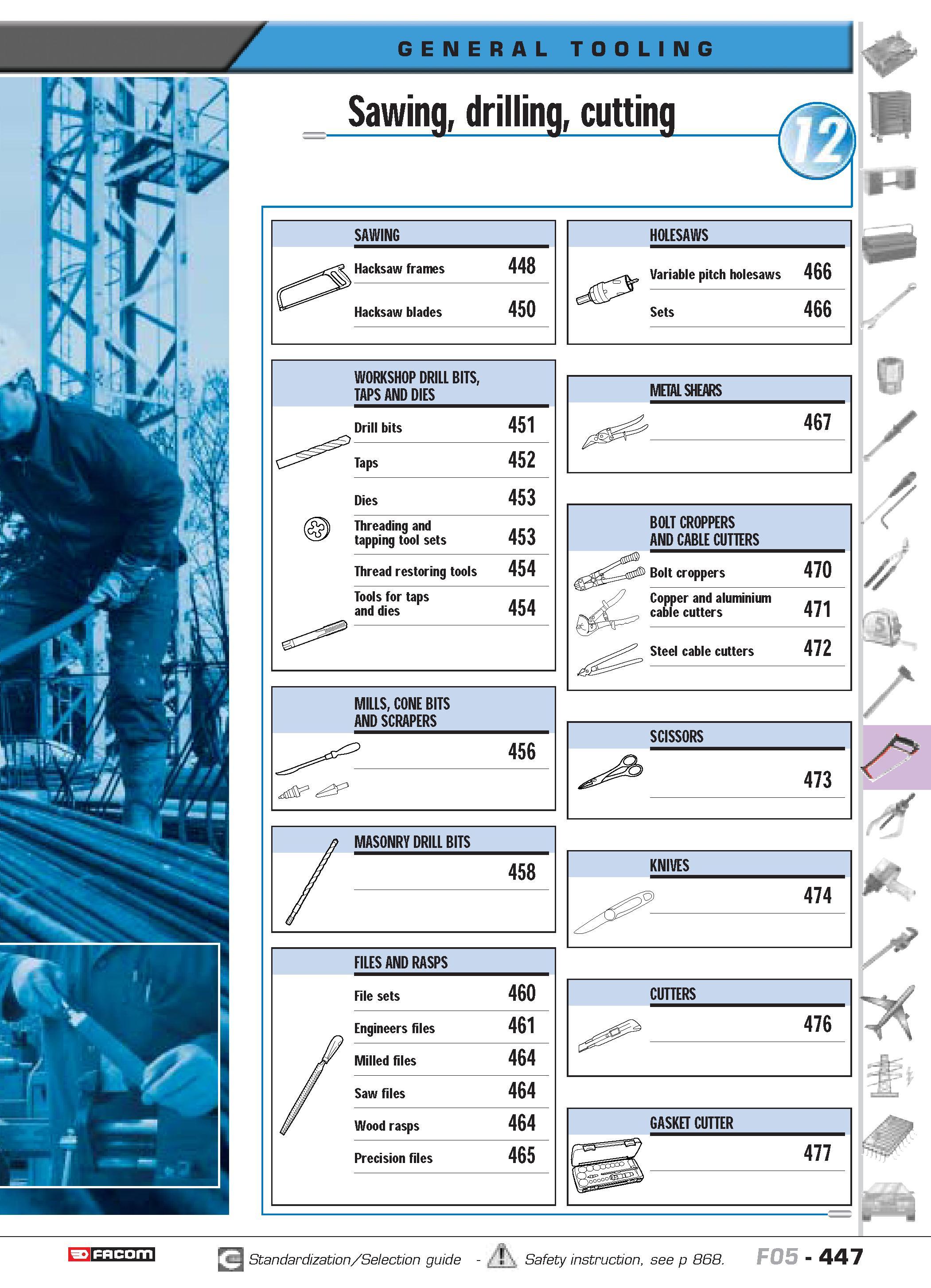 444 Sawing drilling cutting SAWING Hacksaw frames 448 Hacksaw blades 450 WORKSHOP DRILL BITS TAPS AND DIES Drill bits 451 Taps 452 Dies 453 Threading Каталог FACOM 2005 Профессиональный ручной инструмент и специальное оборудование для предприятий и мастерских Стр. 447 ENG