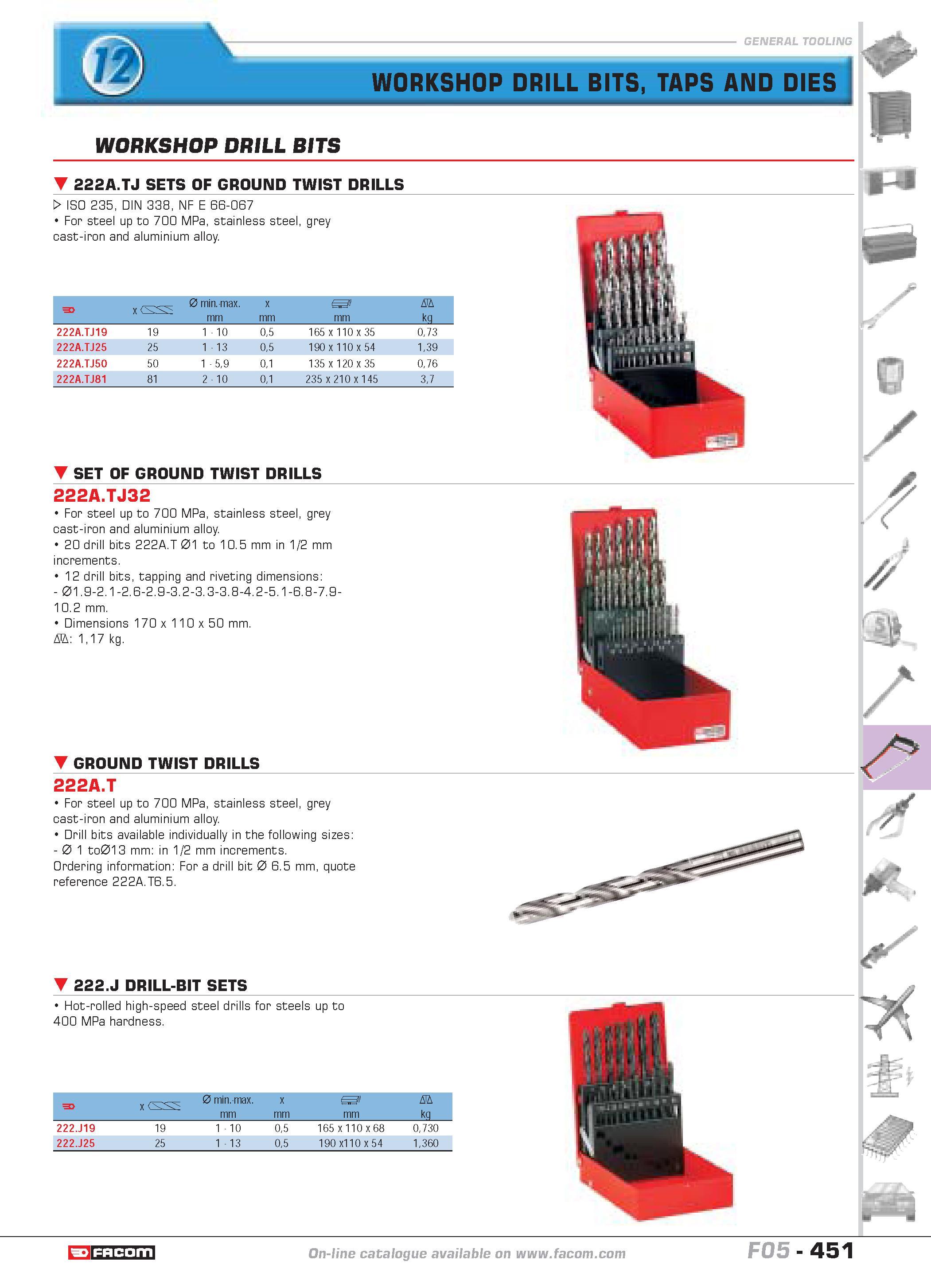 448 WORKSHOP DRILL BITS taps AND DIES WORKSHOP DRILL BITS 222A TJ SETS OF GROUND TWIST DRILLS W ISO 235 DIN 338 NF E 66-067 For steel up to 700 MPa s Каталог FACOM 2005 Профессиональный ручной инструмент и специальное оборудование для предприятий и мастерских Стр. 451 ENG