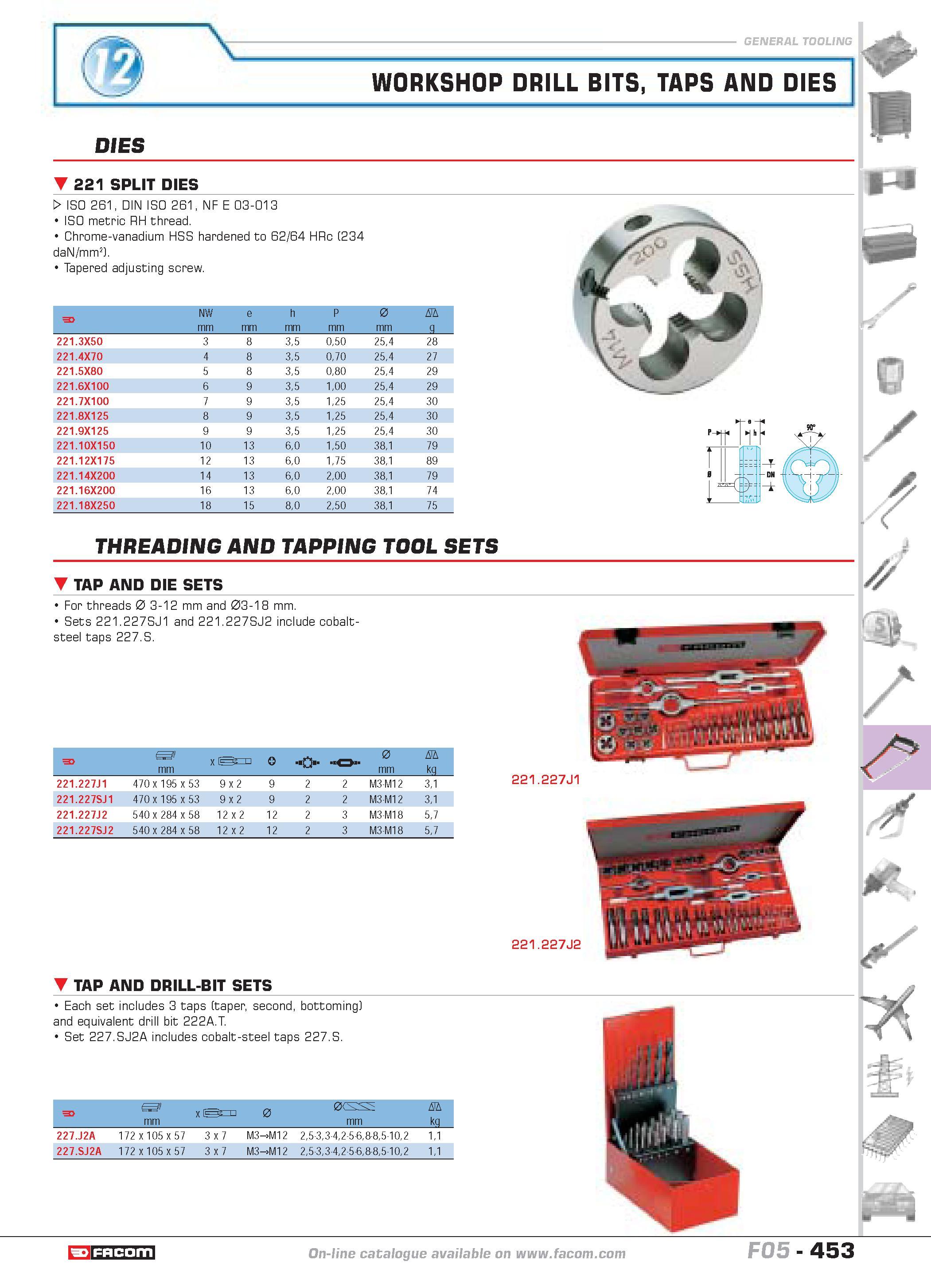 450 WORKSHOP DRILL BITS taps AND DIES DIES 221 SPLIT DIES 0- m H W ISO 261 DIN ISO 261 NF E 03-013 ISO metric RH thread Chrome-vanadium HSS hardened Каталог FACOM 2005 Профессиональный ручной инструмент и специальное оборудование для предприятий и мастерских Стр. 453 ENG