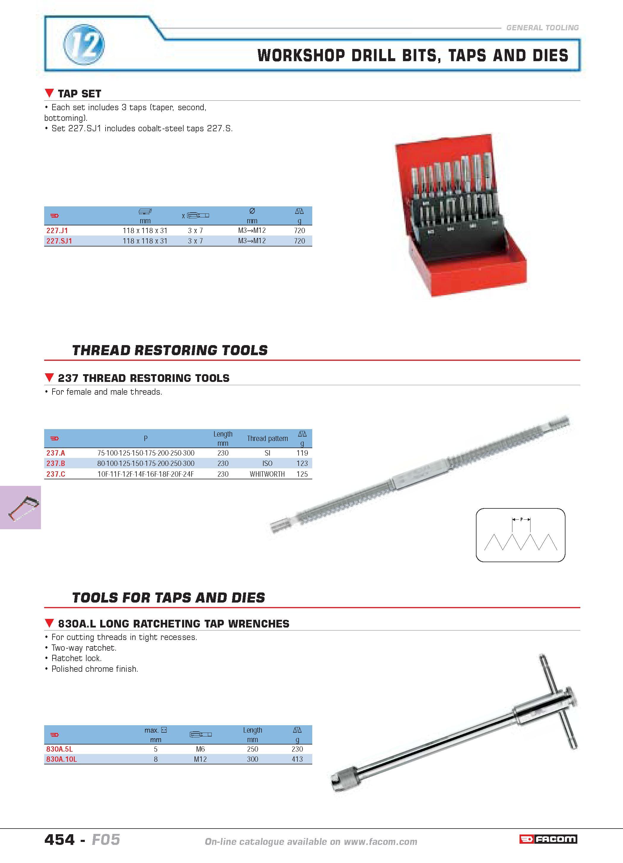 451 WORKSHOP DRILL BITS TAPS AND DIES TAP SET Each set includes 3 taps (taper second bottoming) Set 227 SJ1 includes cobalt-steel taps 227 S F I x 0 Каталог FACOM 2005 Профессиональный ручной инструмент и специальное оборудование для предприятий и мастерских Стр. 454 ENG