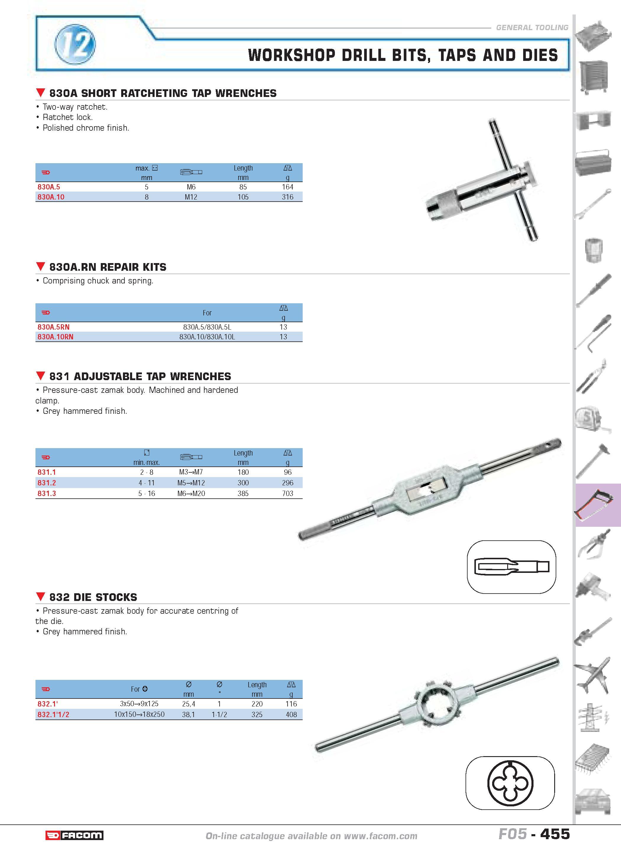452 WORKSHOP DRILL BITS TAPS AND DIES P 830A SHORT RATCHETING TAP WRENCHES Two-way ratchet Ratchet lock Polished chrome finish F max a Length D mm g Каталог FACOM 2005 Профессиональный ручной инструмент и специальное оборудование для предприятий и мастерских Стр. 455 ENG