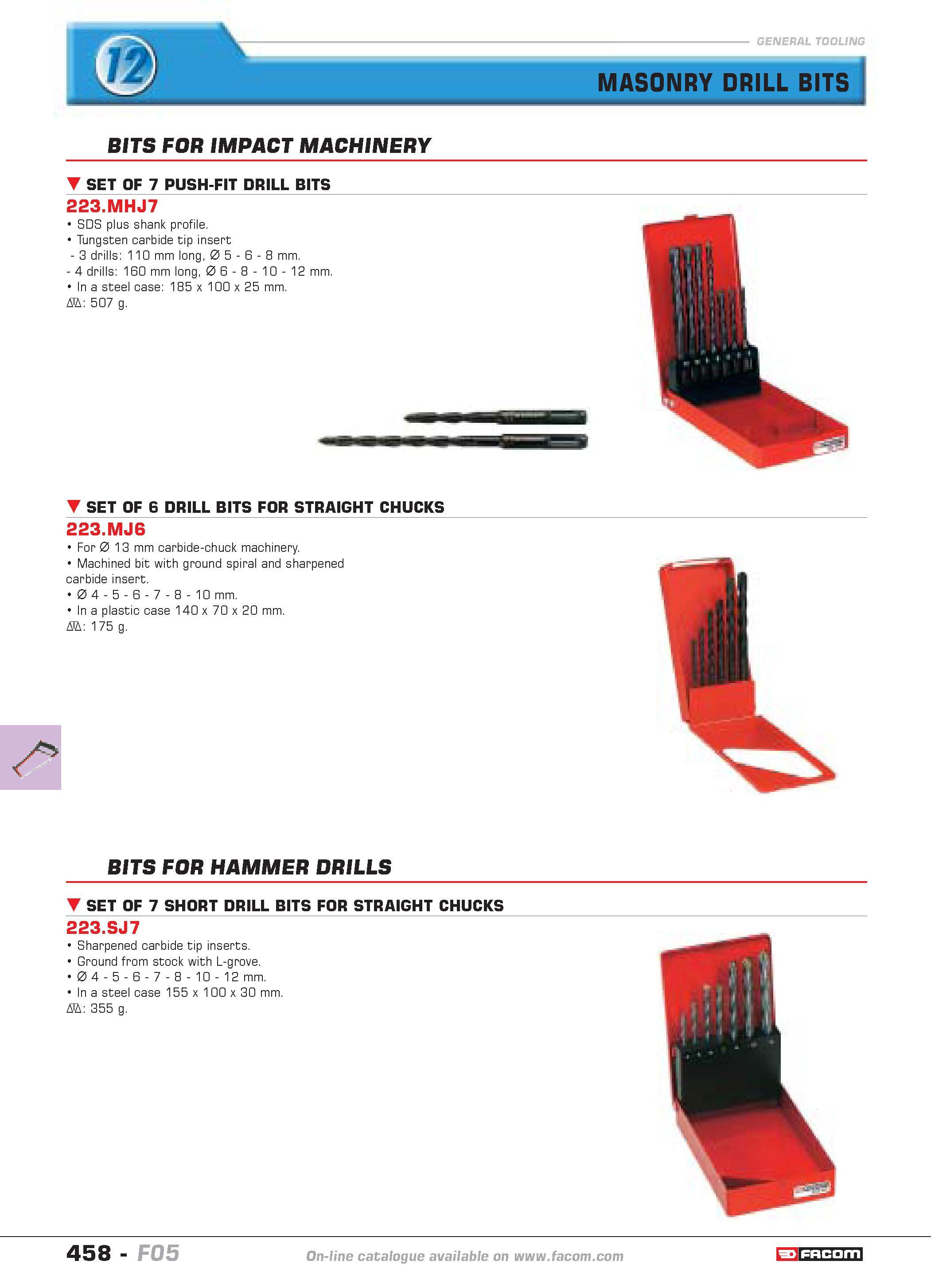 455 BITS FOR IMPACT MACHINERY SET OF 7 PUSH-FIT DRILL BITS 223 MHJ7 SDS plus shank profile Tungsten carbide tip insert 3 drills 110 mm long 0 5 6 8 m Каталог FACOM 2005 Профессиональный ручной инструмент и специальное оборудование для предприятий и мастерских Стр. 458 ENG