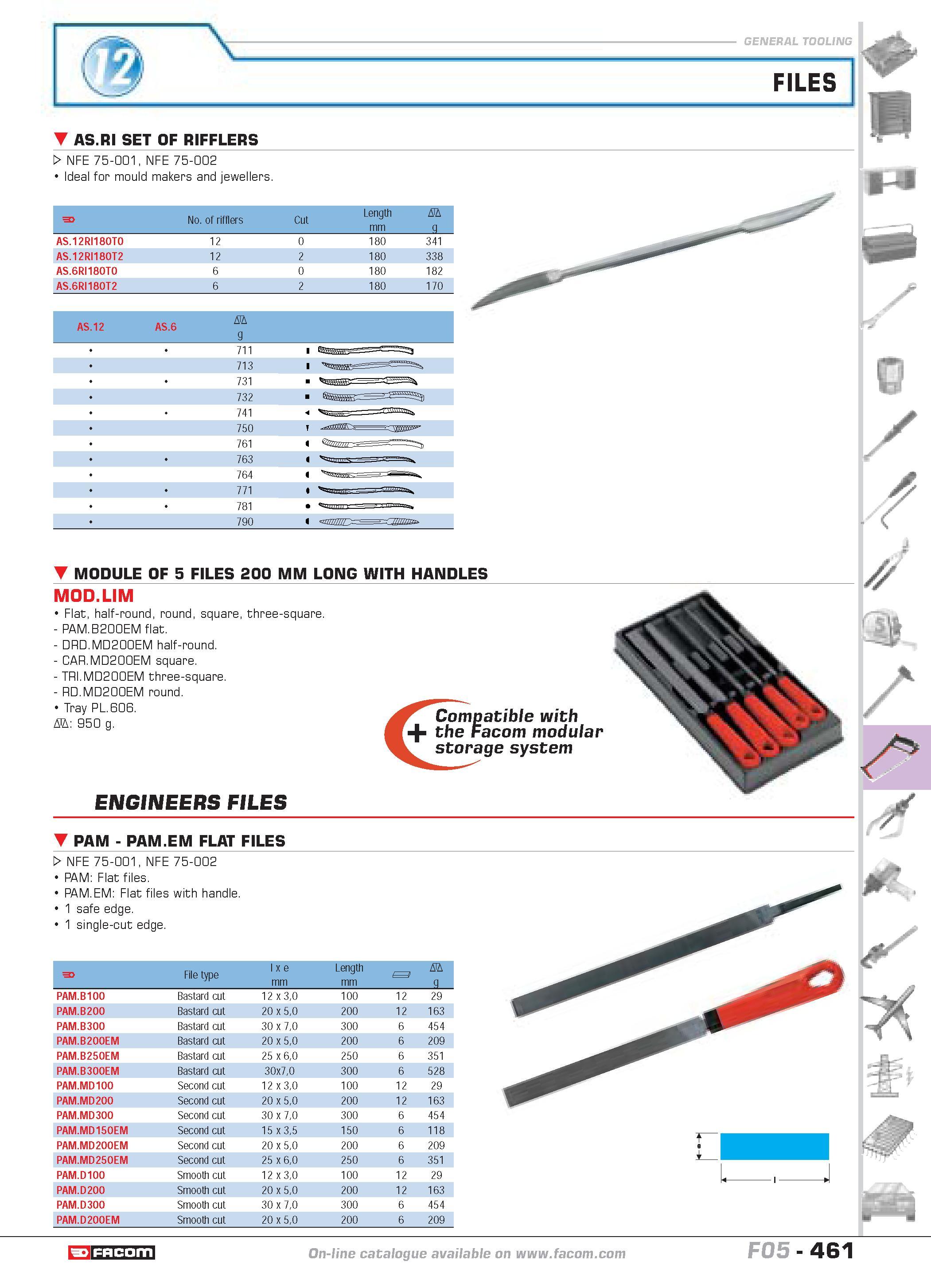 458 AS RI SET OF RIFFLERS W NFE 75-001 NFE 75-002 Ideal for mould makers and jewellers F No of rifflers Cut Length mm D g AS 12RI180T0 12 0 180 341 A Каталог FACOM 2005 Профессиональный ручной инструмент и специальное оборудование для предприятий и мастерских Стр. 461 ENG
