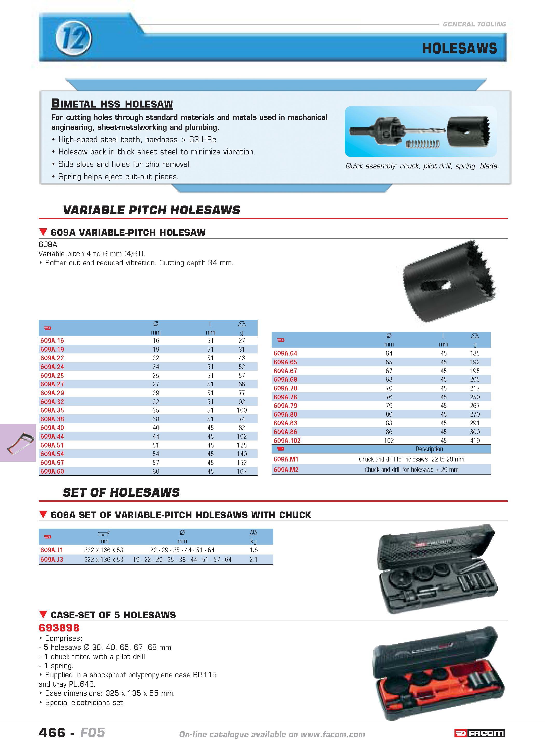 463 Bimetal hss holesaw For cutting holes through standard materials and metals used in mechanical engineering sheet-metalworking and plumbing High-s Каталог FACOM 2005 Профессиональный ручной инструмент и специальное оборудование для предприятий и мастерских Стр. 466 ENG