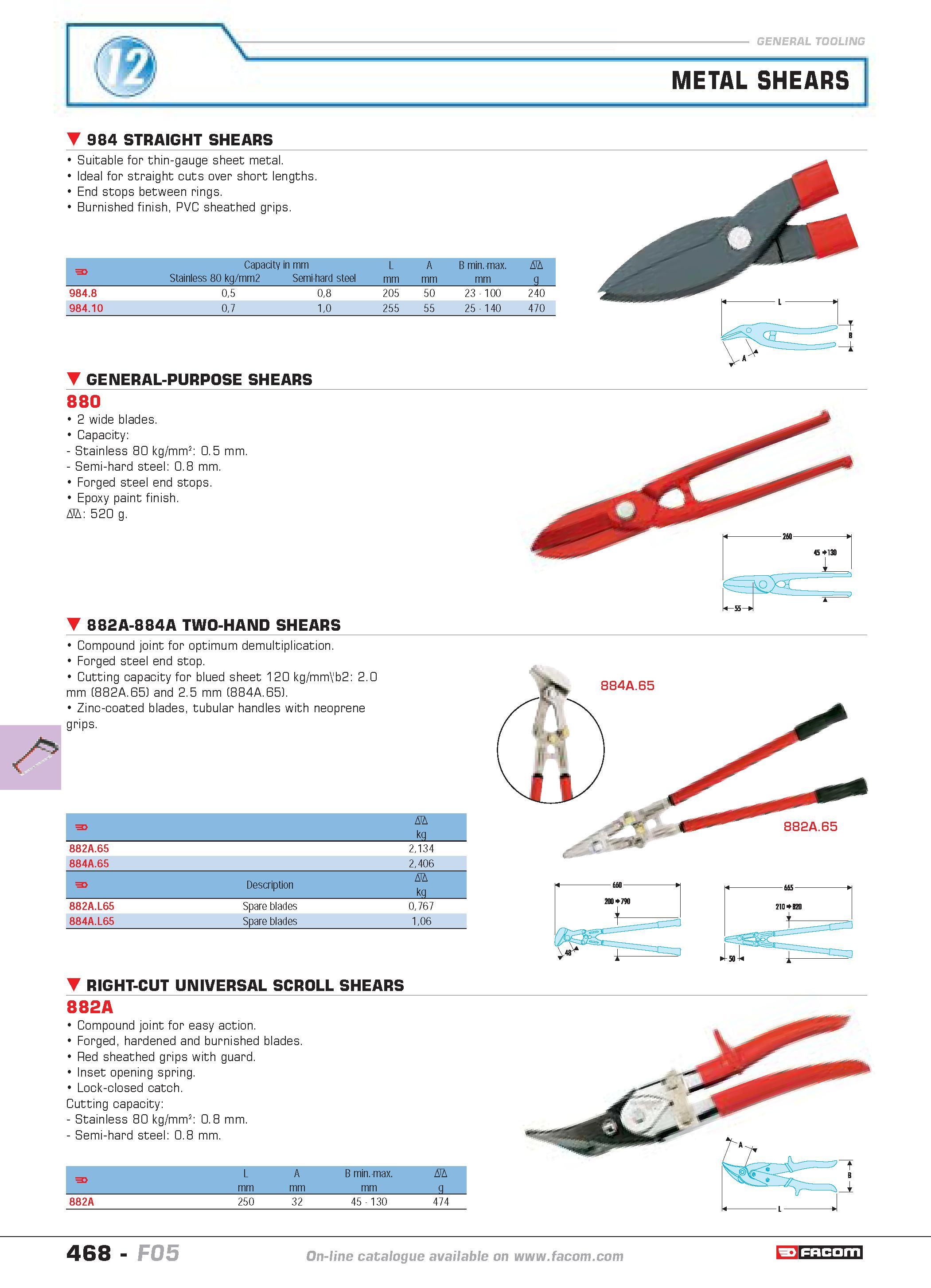 465 N METAL SHEARS 984 STRAIGHT SHEARS Suitable for thin-gauge sheet metal Ideal for straight cuts over short lengths End stops between rings Burnish Каталог FACOM 2005 Профессиональный ручной инструмент и специальное оборудование для предприятий и мастерских Стр. 468 ENG