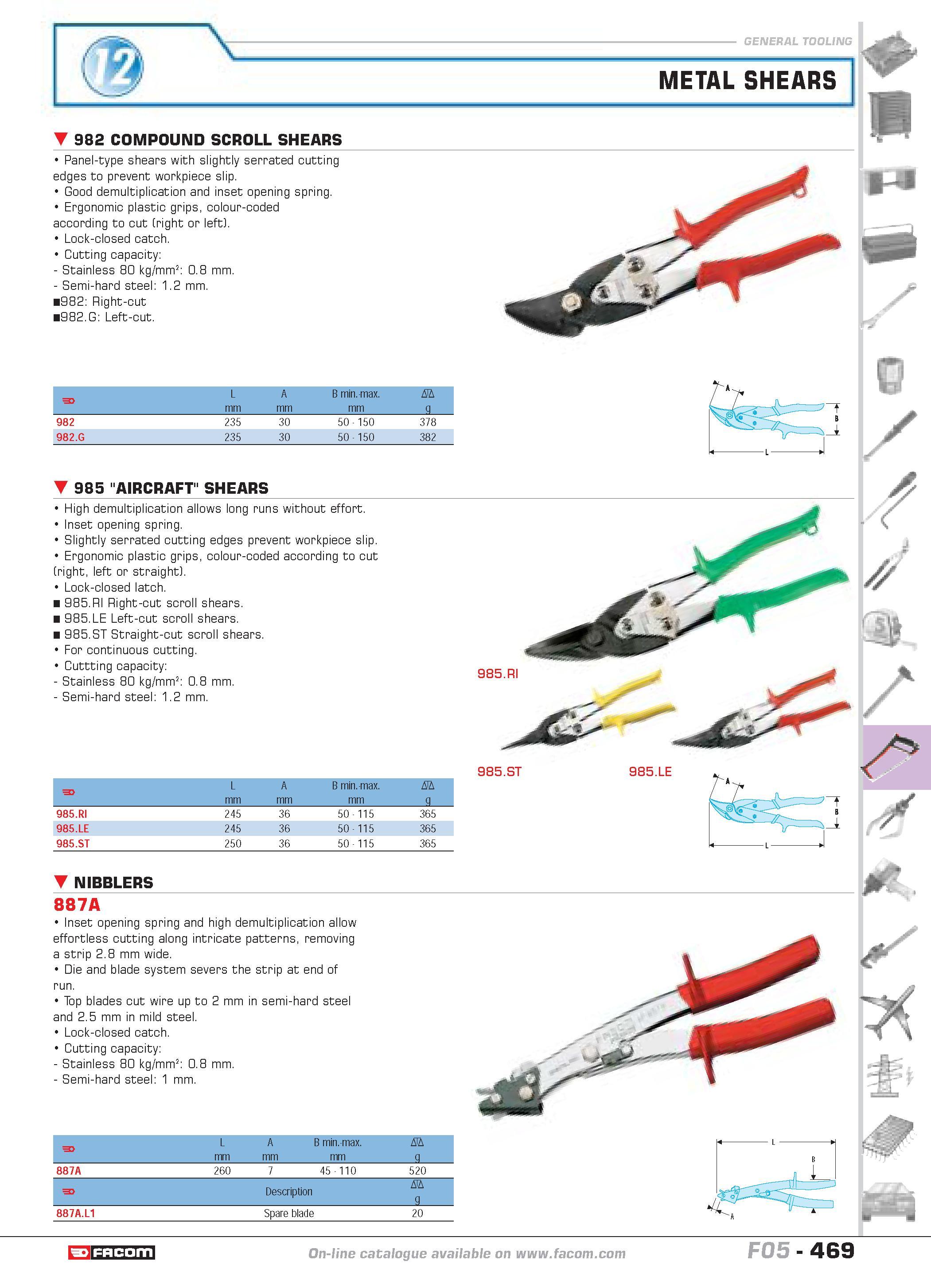 466 METAL SHEARS P 982 COMPOUND SCROLL SHEARS Panel-type shears with slightly serrated cutting edges to prevent workpiece slip Good demultiplication Каталог FACOM 2005 Профессиональный ручной инструмент и специальное оборудование для предприятий и мастерских Стр. 469 ENG