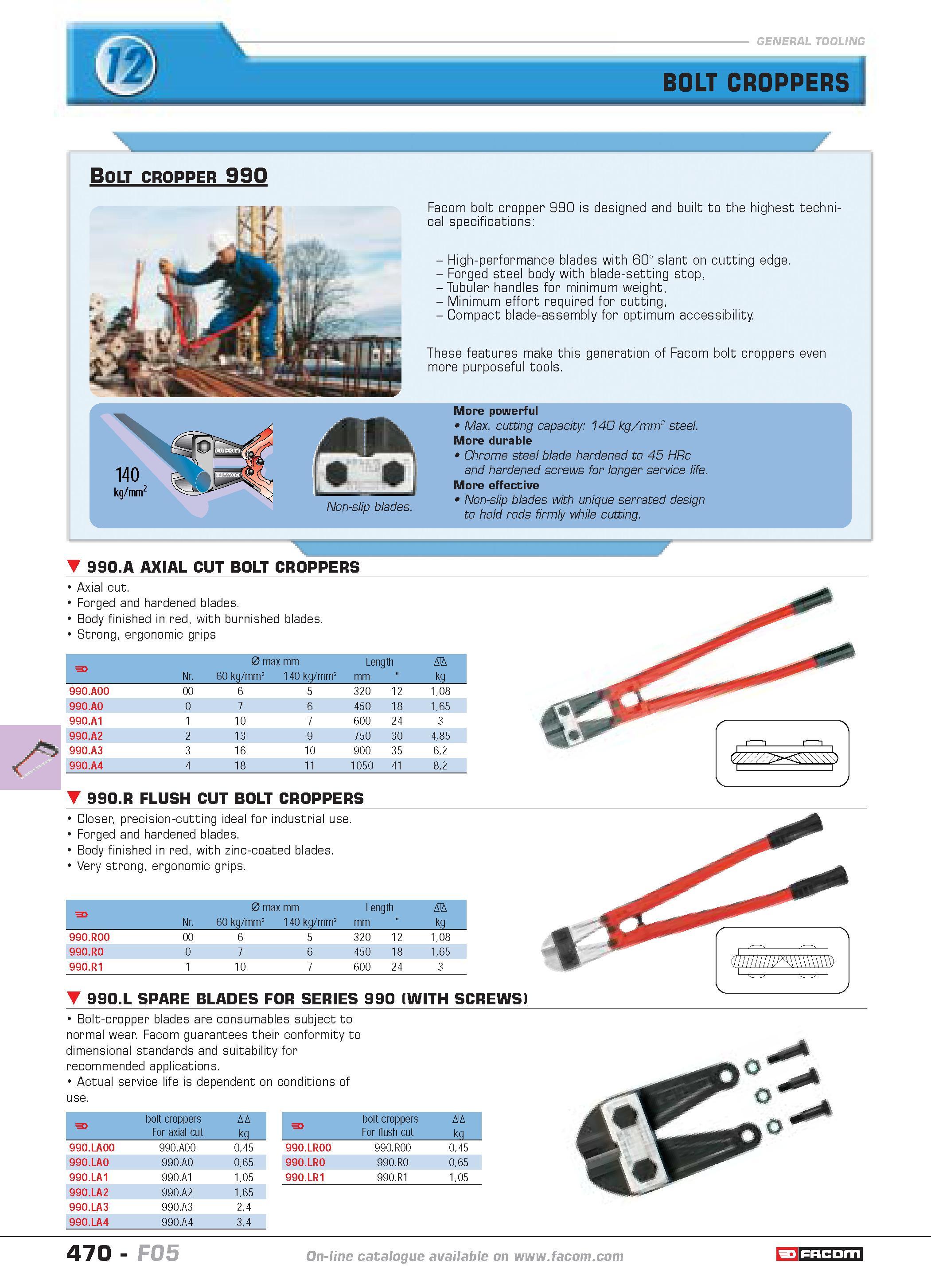 467 BOLT CROPPERS Bolt cropper 990 Facom bolt cropper 990 is designed and built to the highest technical specifications High-performance blades with Каталог FACOM 2005 Профессиональный ручной инструмент и специальное оборудование для предприятий и мастерских Стр. 470 ENG