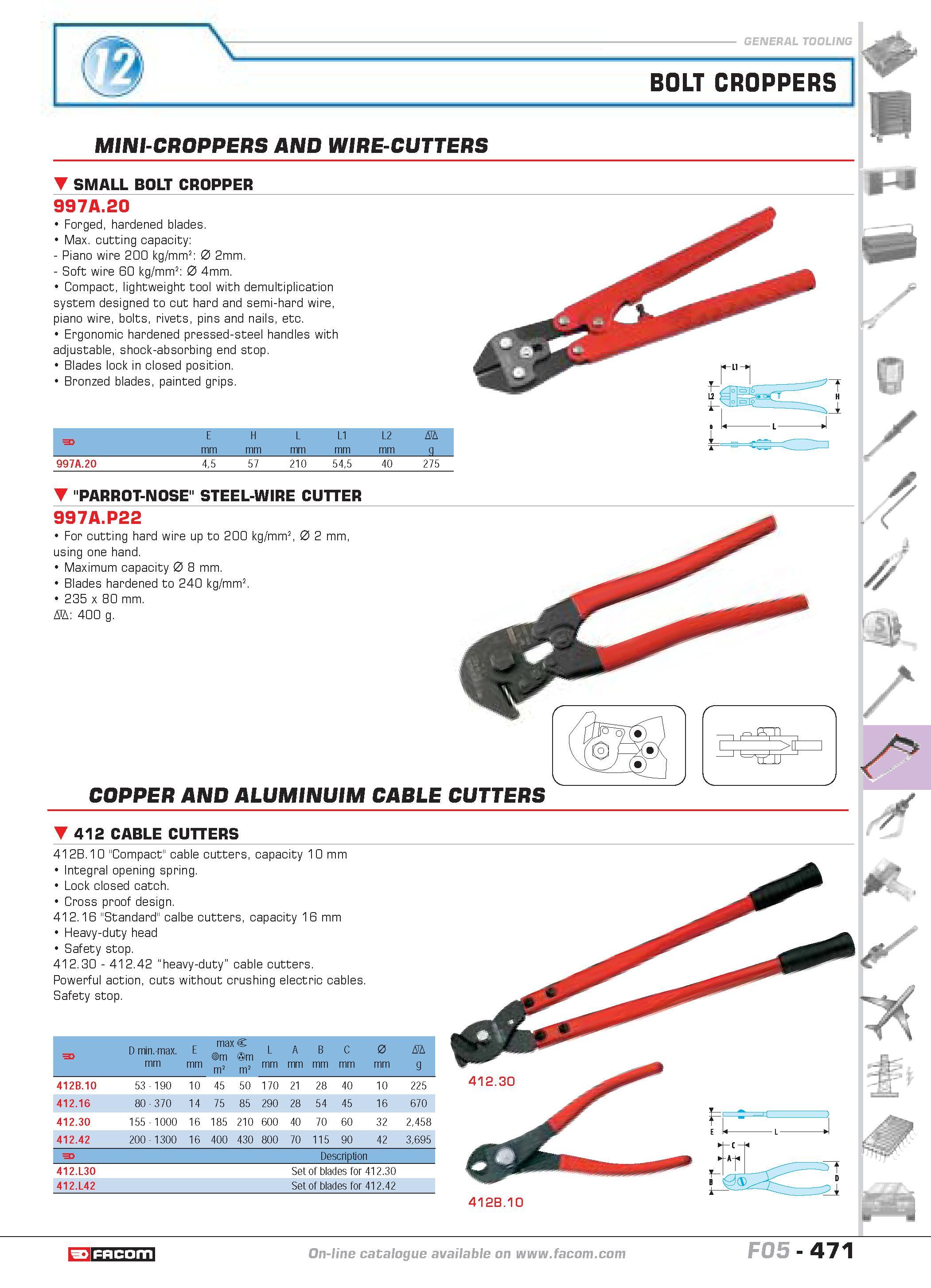 468 BOLT CROPPERS MINI-CROPPERS AND WIRE-CUTTERS SMALL BOLT CROPPER 997A 20 Forged hardened blades Max cutting capacity Piano wire 200 kg mm2 0 2mm S Каталог FACOM 2005 Профессиональный ручной инструмент и специальное оборудование для предприятий и мастерских Стр. 471 ENG