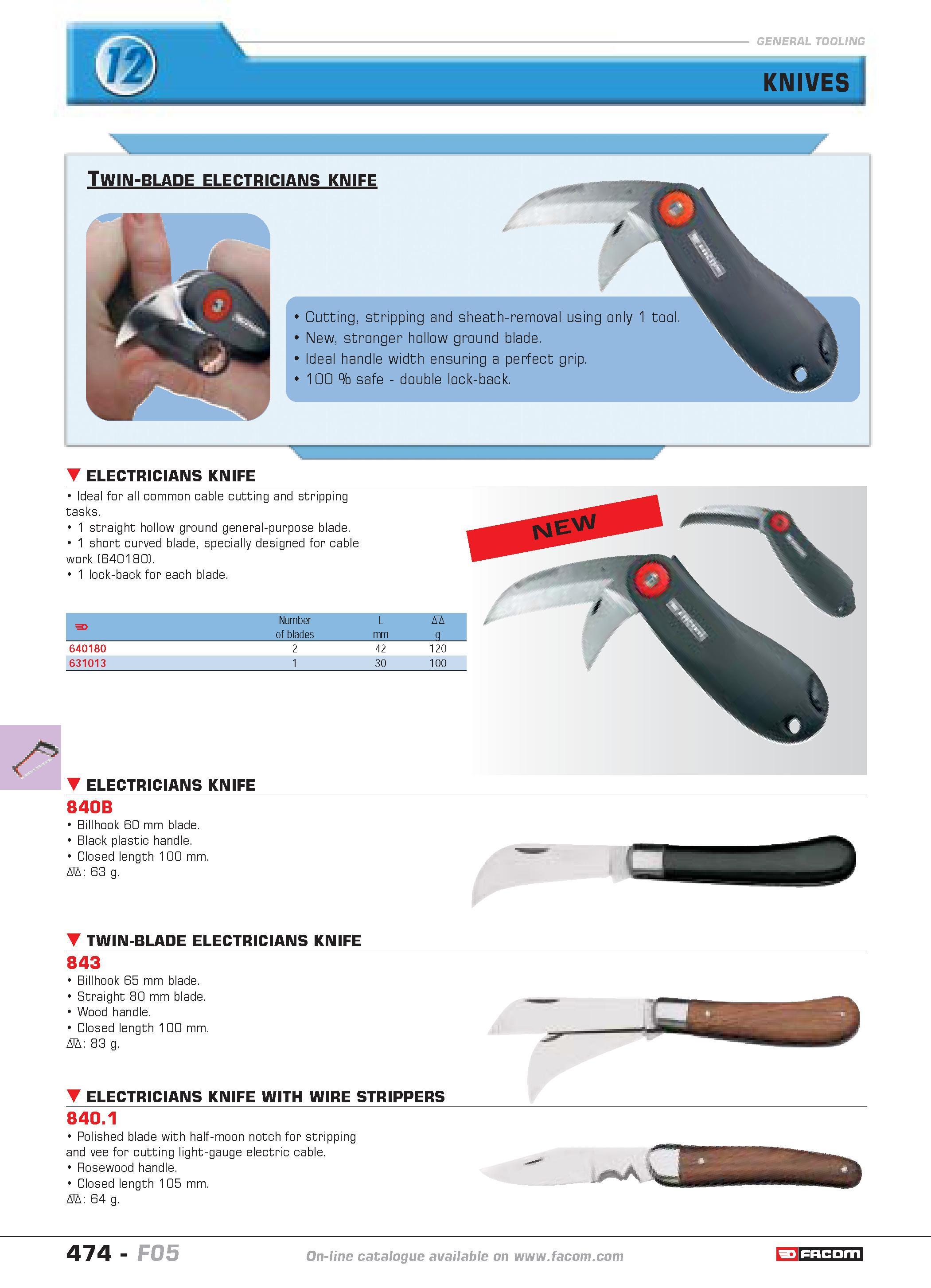 471 ELECTRICIANS KNIFE 840B Billhook 60 mm blade Black plastic handle Closed length 100 mm D 63 g twin-blade electricians knife 843 Billhook 65 mm bl Каталог FACOM 2005 Профессиональный ручной инструмент и специальное оборудование для предприятий и мастерских Стр. 474 ENG