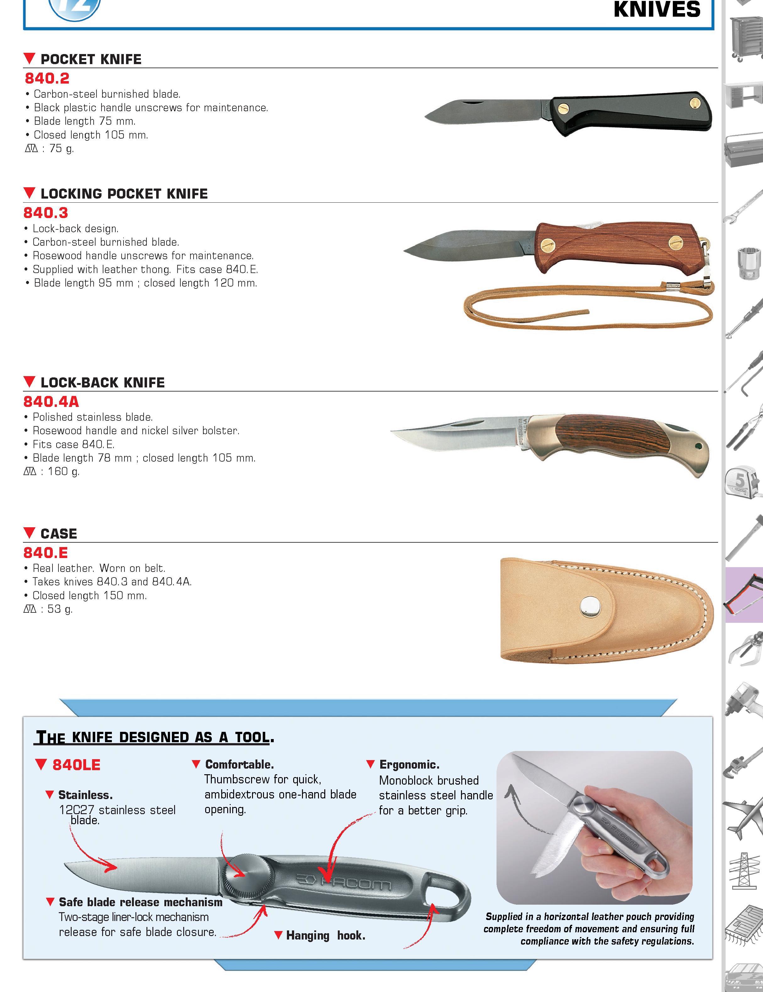 472 KNIVES POCKET KNIFE 840 2 Carbon-steel burnished blade Black plastic handle unscrews for maintenance Blade length 75 mm Closed length 105 mm D 75 Каталог FACOM 2005 Профессиональный ручной инструмент и специальное оборудование для предприятий и мастерских Стр. 475 ENG
