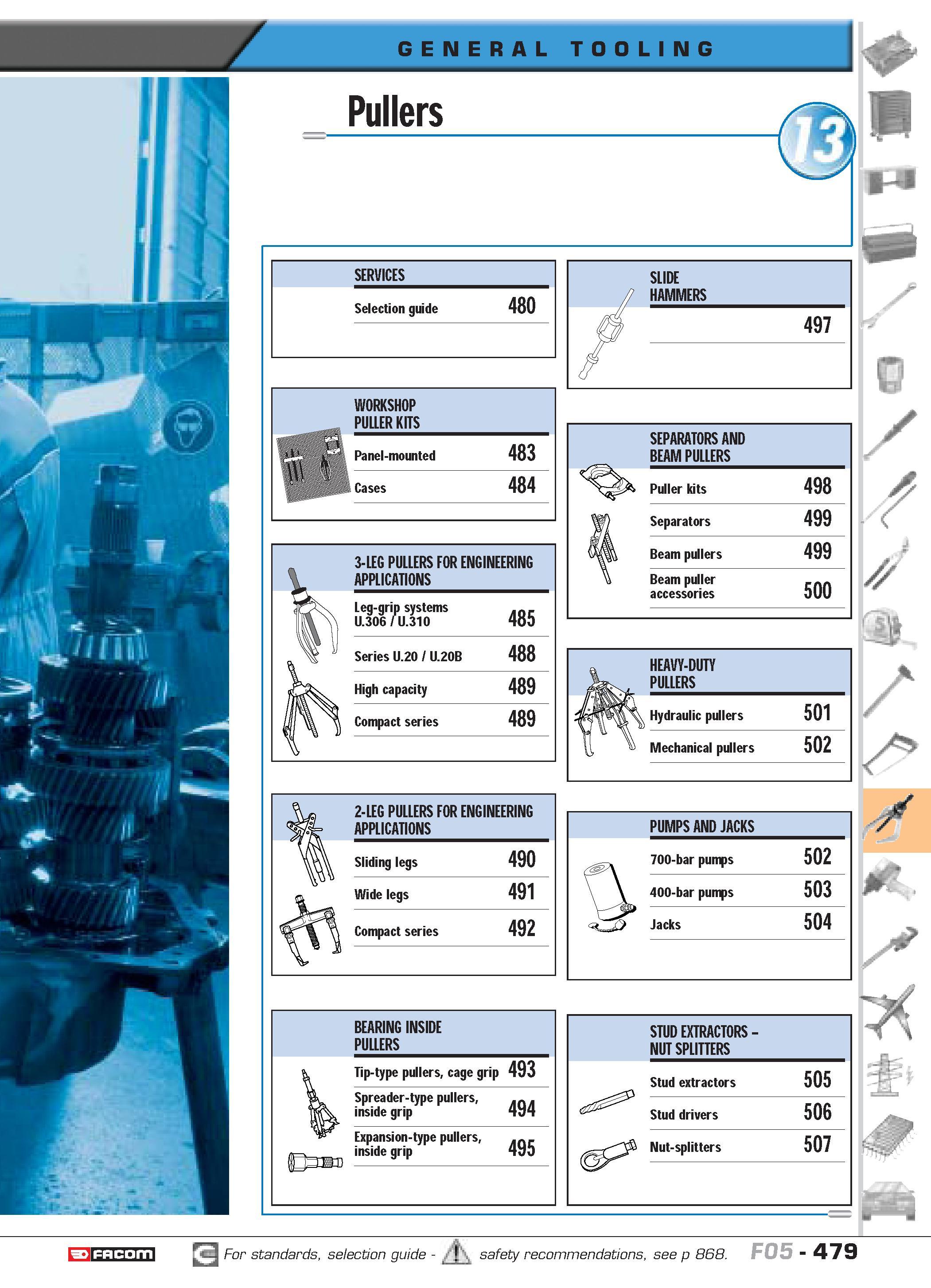 476 Pullers SERVICES Selection guide 480 WORKSHOP PULLER KITS Panel-mounted 483 Cases 484 3-LEG PULLERS FOR ENGINEERING APPLICATIONS Leg-grip systems Каталог FACOM 2005 Профессиональный ручной инструмент и специальное оборудование для предприятий и мастерских Стр. 479 ENG