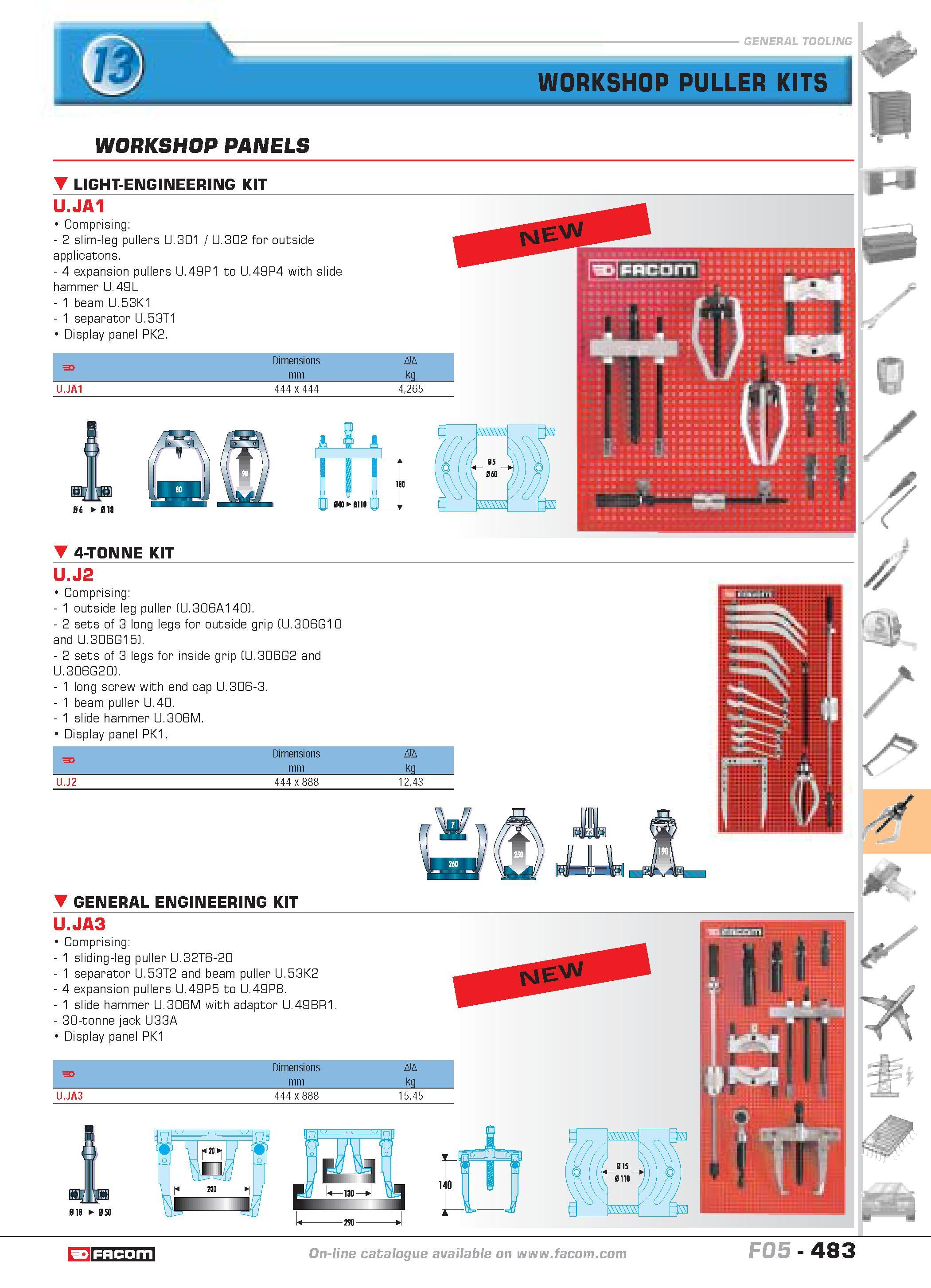 480 WORKSHOP PULLER KITS u WORKSHOP PANELS LIGHT-ENGINEERING KIT U JA1 Comprising 2 slim-leg pullers U 301 U 302 for outside applicatons 4 expansion Каталог FACOM 2005 Профессиональный ручной инструмент и специальное оборудование для предприятий и мастерских Стр. 483 ENG