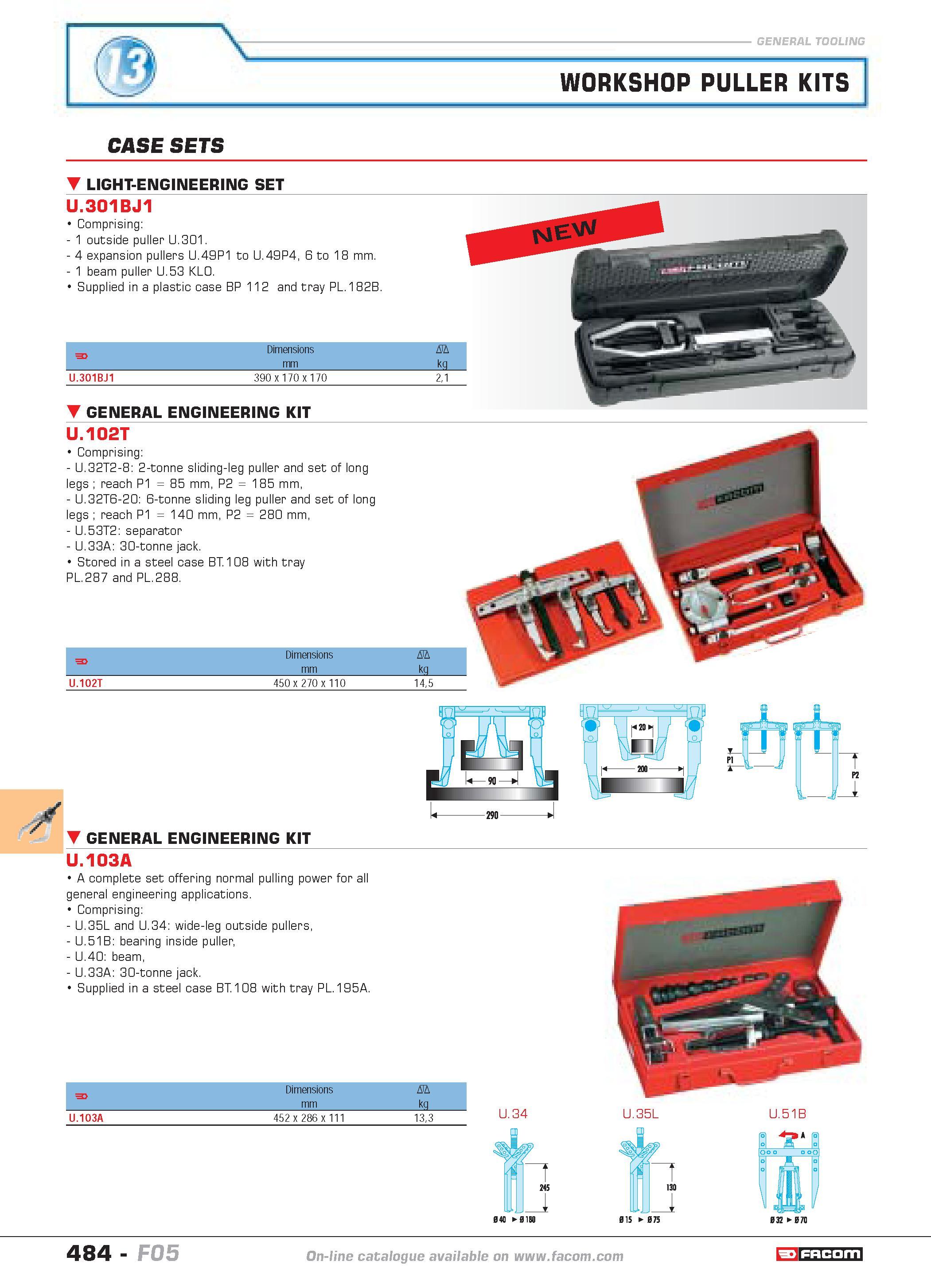 481 WORKSHOP PULLER KITS CASE SETS LIGHT-ENGINEERING SET U 301BJ1 Comprising 1 outside puller U 301 4 expansion pullers U 49P1 to U 49P4 6 to 18 mm 1 Каталог FACOM 2005 Профессиональный ручной инструмент и специальное оборудование для предприятий и мастерских Стр. 484 ENG