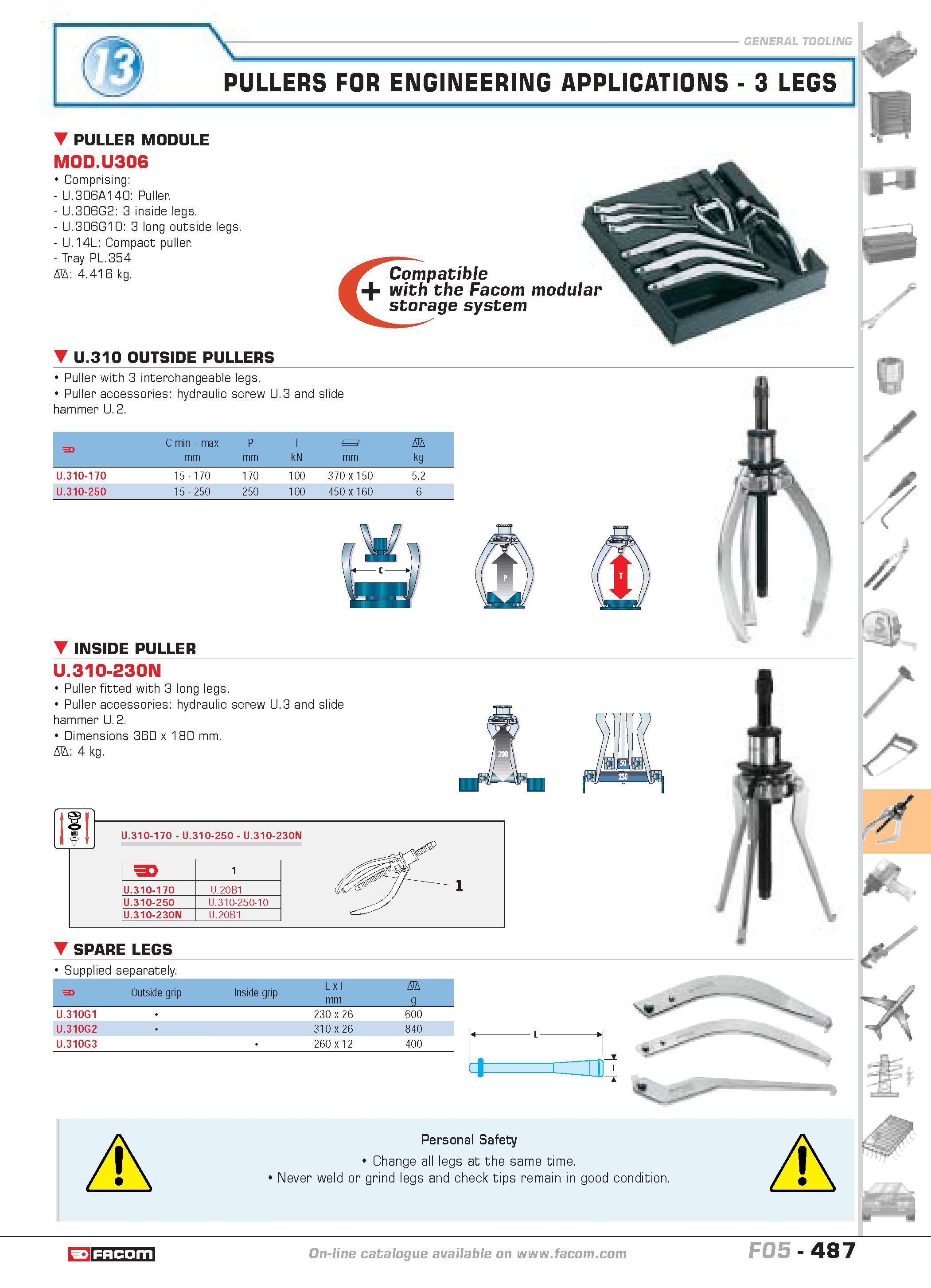 484 PULLERS FOR ENGINEERING APPLICATIONS 3 LEGS PULLER MODULE MOD U306 Comprising U 306A140 Puller U 306G2 3 inside legs U 306G10 3 long outside legs Каталог FACOM 2005 Профессиональный ручной инструмент и специальное оборудование для предприятий и мастерских Стр. 487 ENG