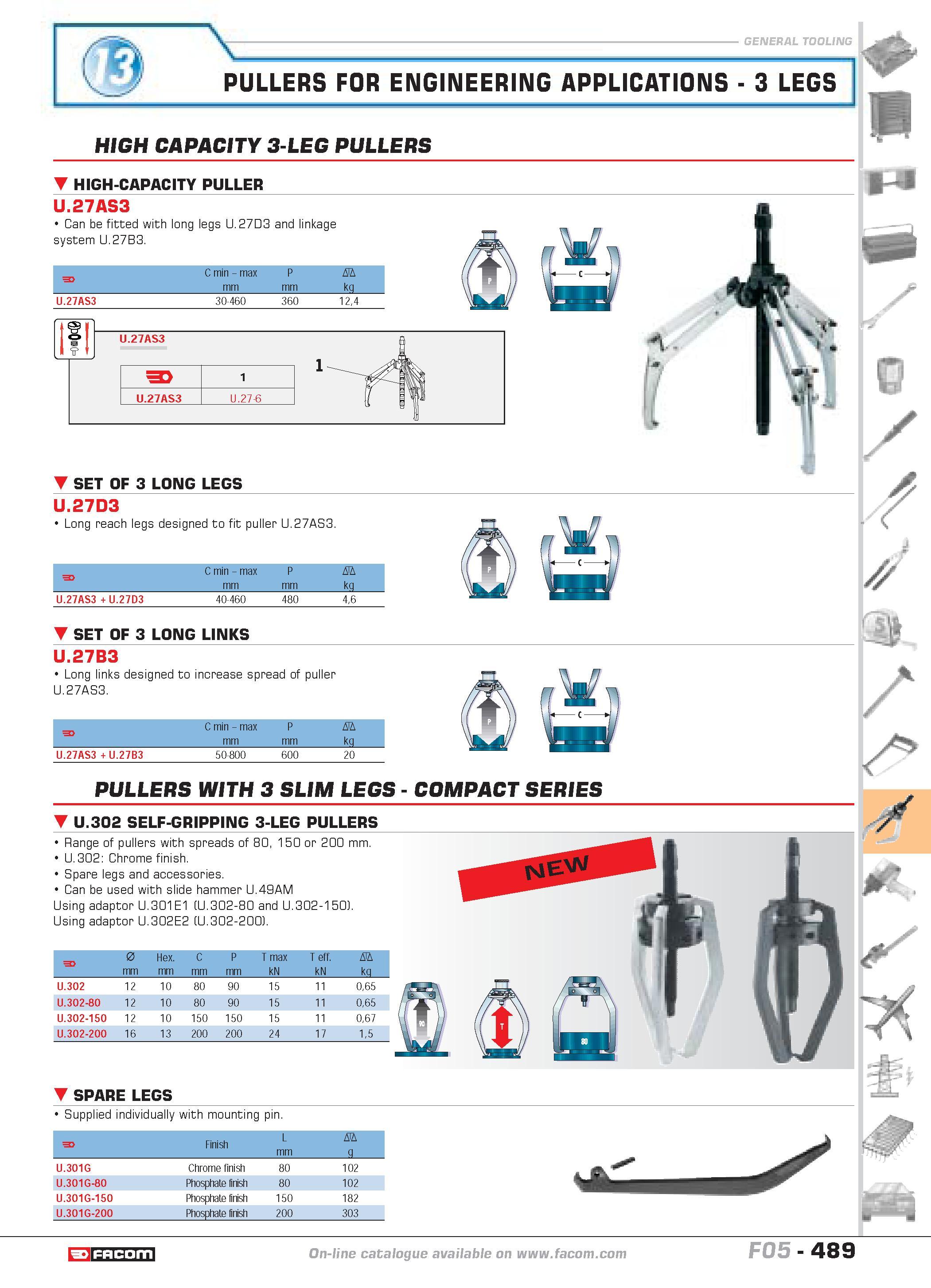 486 PULLERS FOR ENGINEERING APPLICATIONS 3 LEGS ojjp- P H HIGH CAPACITY 3-LEG PULLERS HIGH-CAPACITY PULLER U 27AS3 Can be fitted with long legs U 27D Каталог FACOM 2005 Профессиональный ручной инструмент и специальное оборудование для предприятий и мастерских Стр. 489 ENG